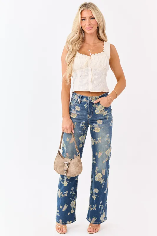 Mica Denim Dark Wash Floral Stretchy Wide Leg Jeans made by Mica Denim
