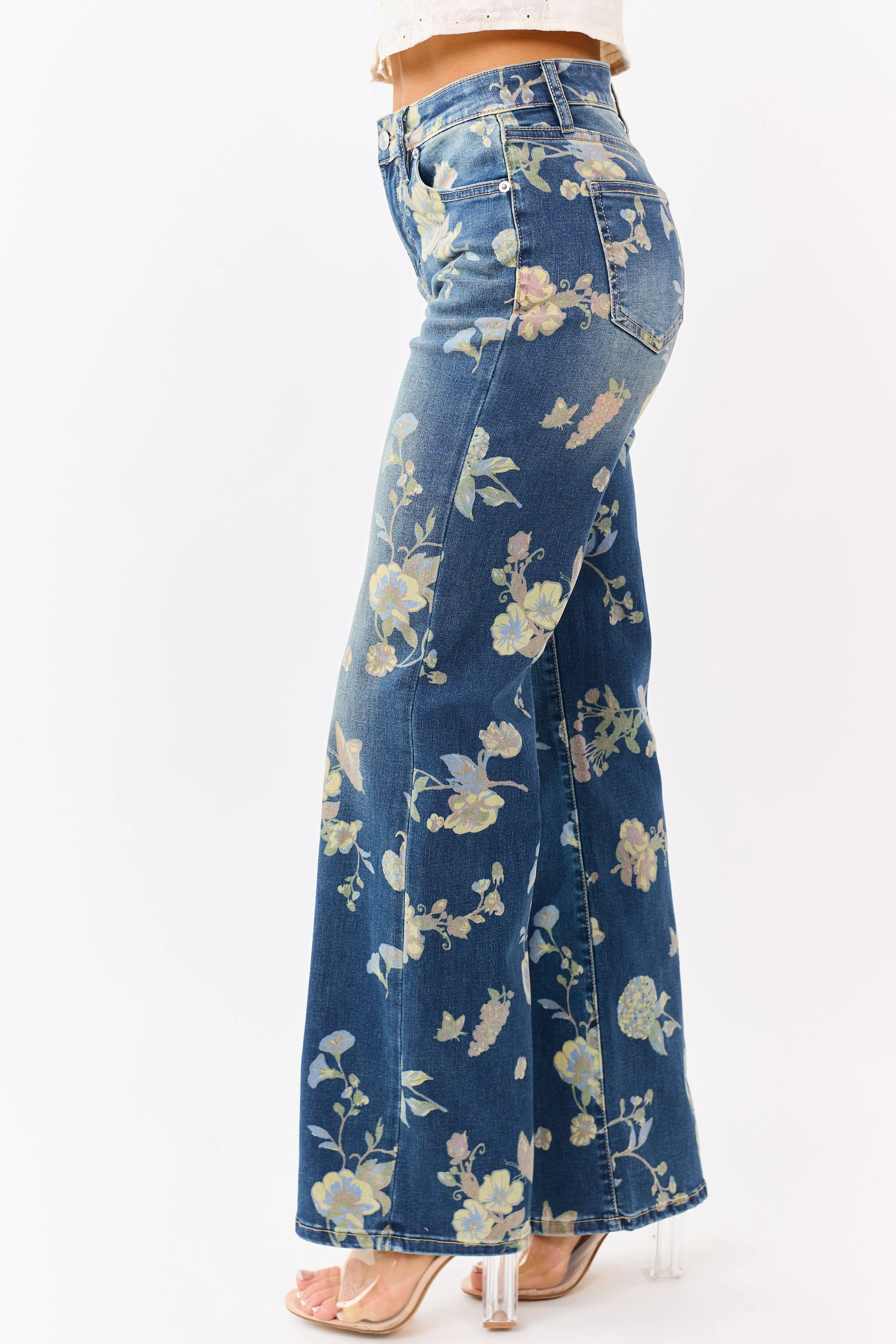 Mica Denim Dark Wash Floral Stretchy Wide Leg Jeans sold by Lime Lush product image thumbnail 3