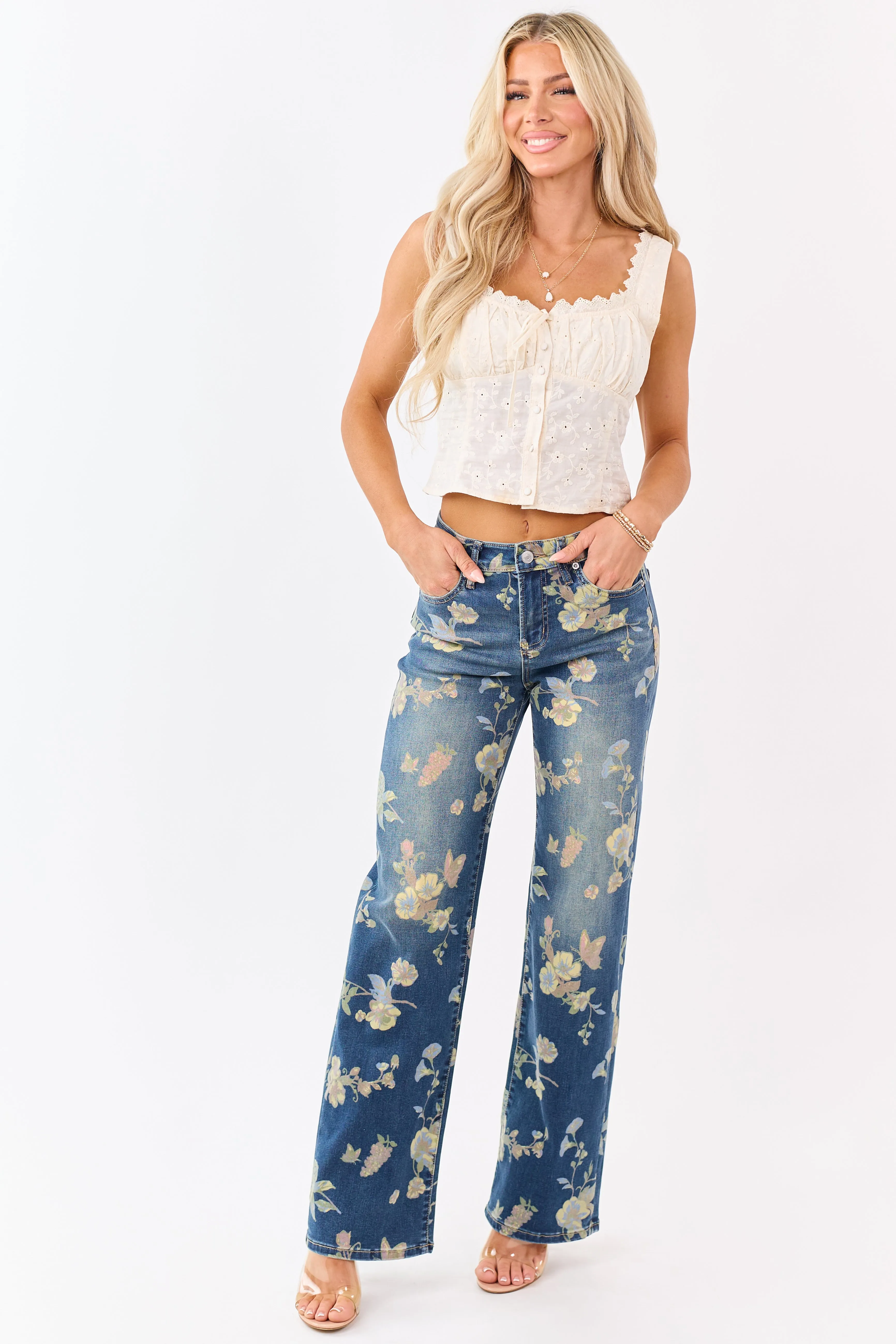 Mica Denim Dark Wash Floral Stretchy Wide Leg Jeans sold by Lime Lush product image thumbnail 5
