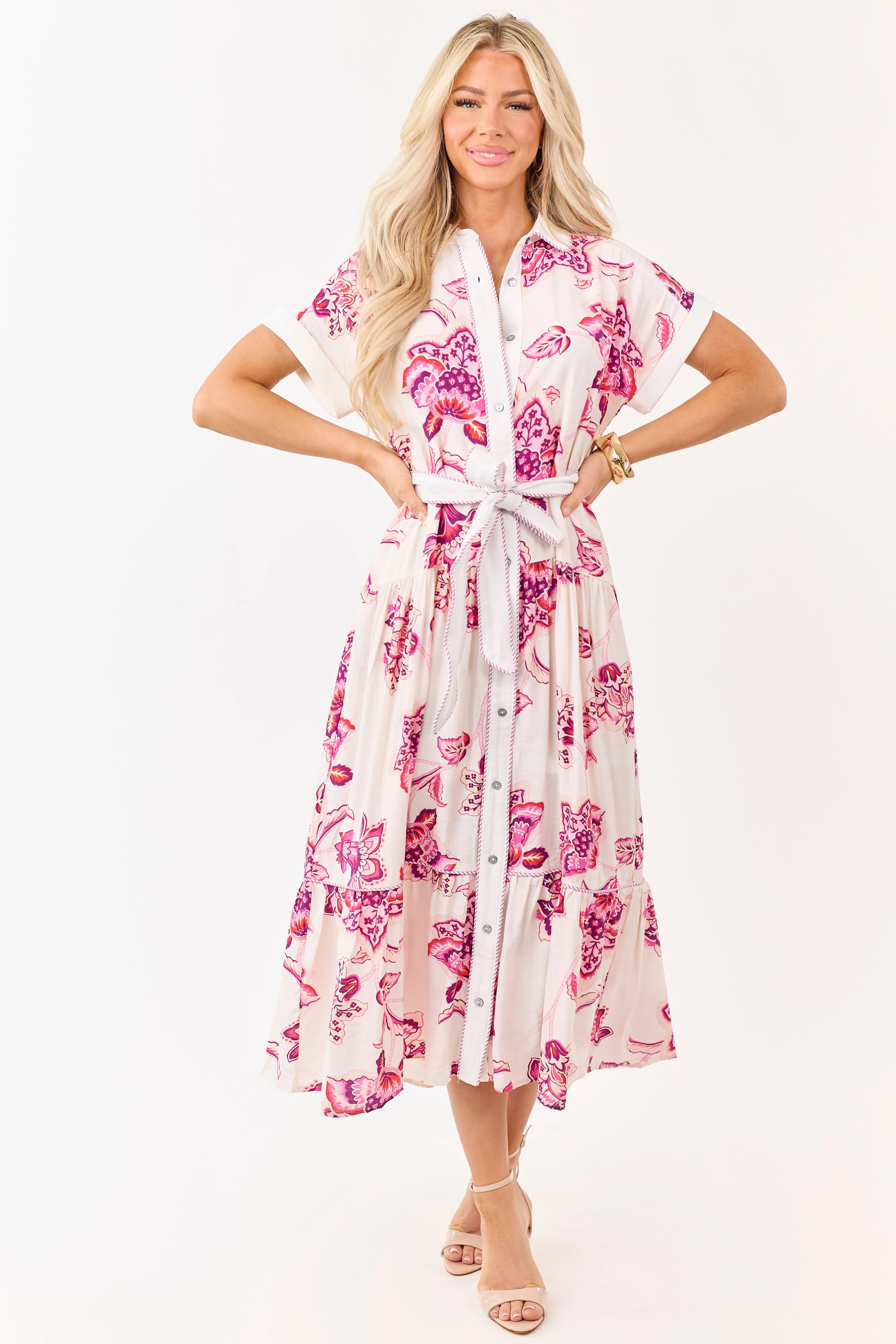 Entro Off White Floral Print Button Down Midi Dress sold by Lime Lush product image thumbnail 3