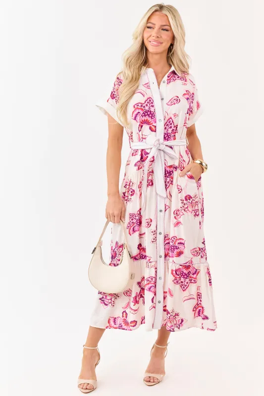 Entro Off White Floral Print Button Down Midi Dress made by entro