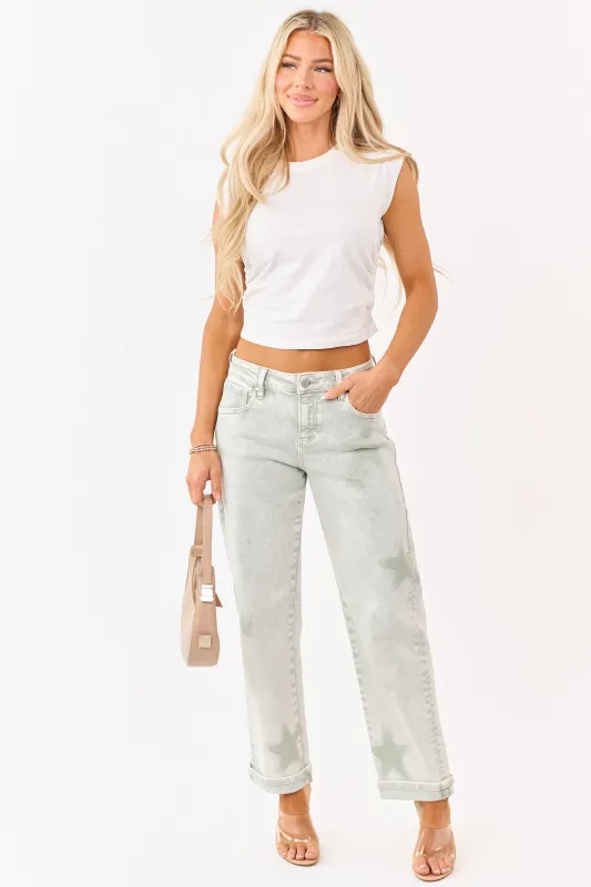 Risen Pistachio Washed Star Stretchy Slim Barrel Jeans made by Risen