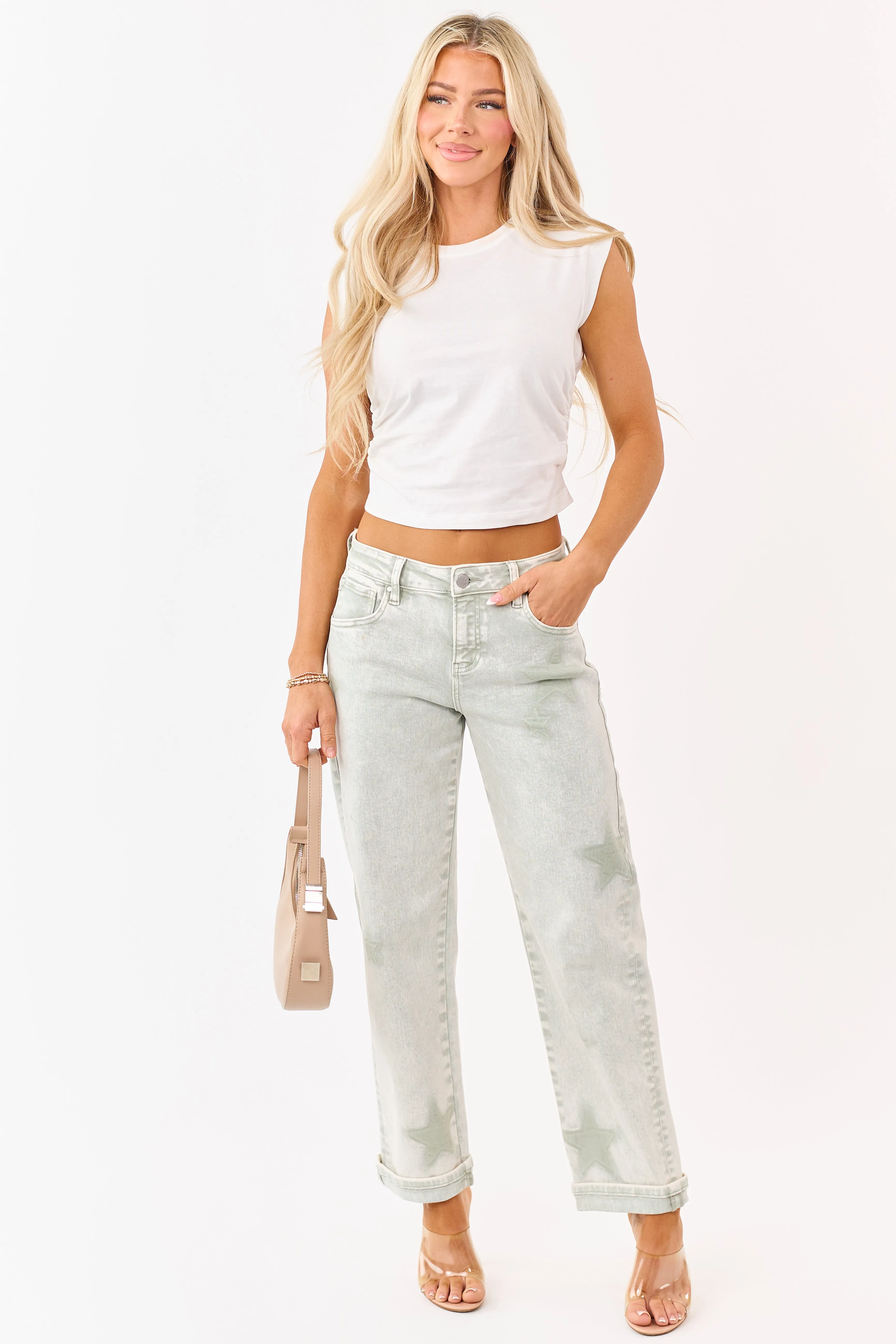 Risen Pistachio Washed Star Stretchy Slim Barrel Jeans sold by Lime Lush