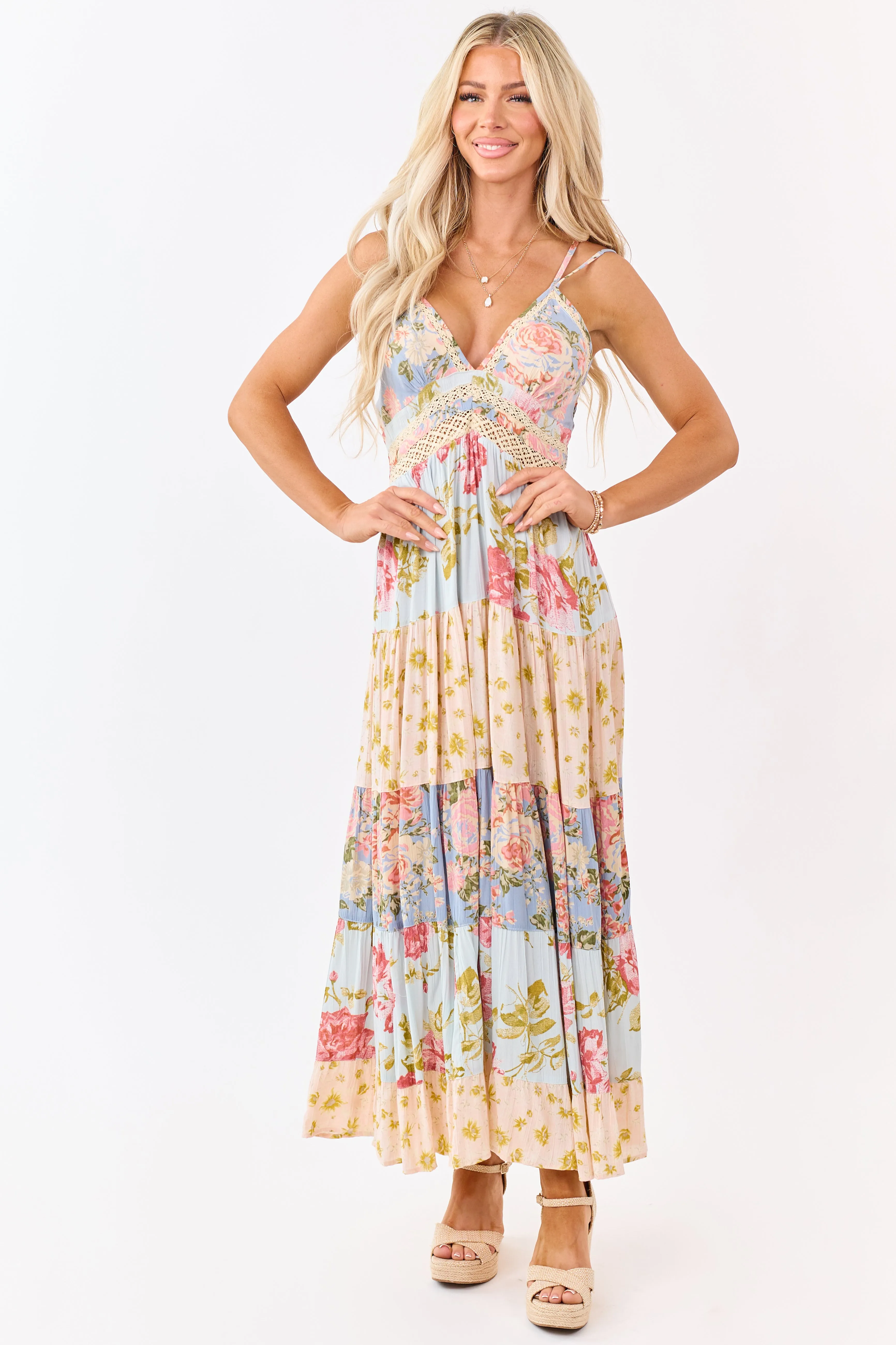 Sky Blue Tiered Mix Print Floral Lace Trim Maxi Dress sold by Lime Lush product image thumbnail 4