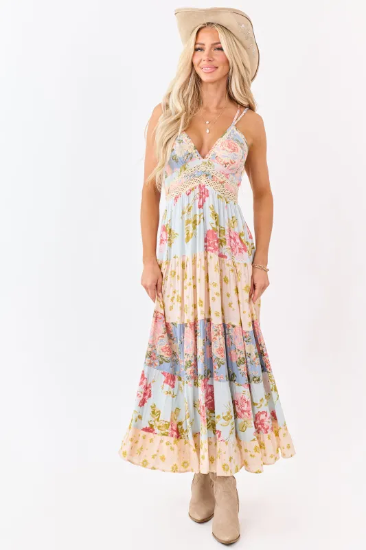 Sky Blue Tiered Mix Print Floral Lace Trim Maxi Dress made by Angie