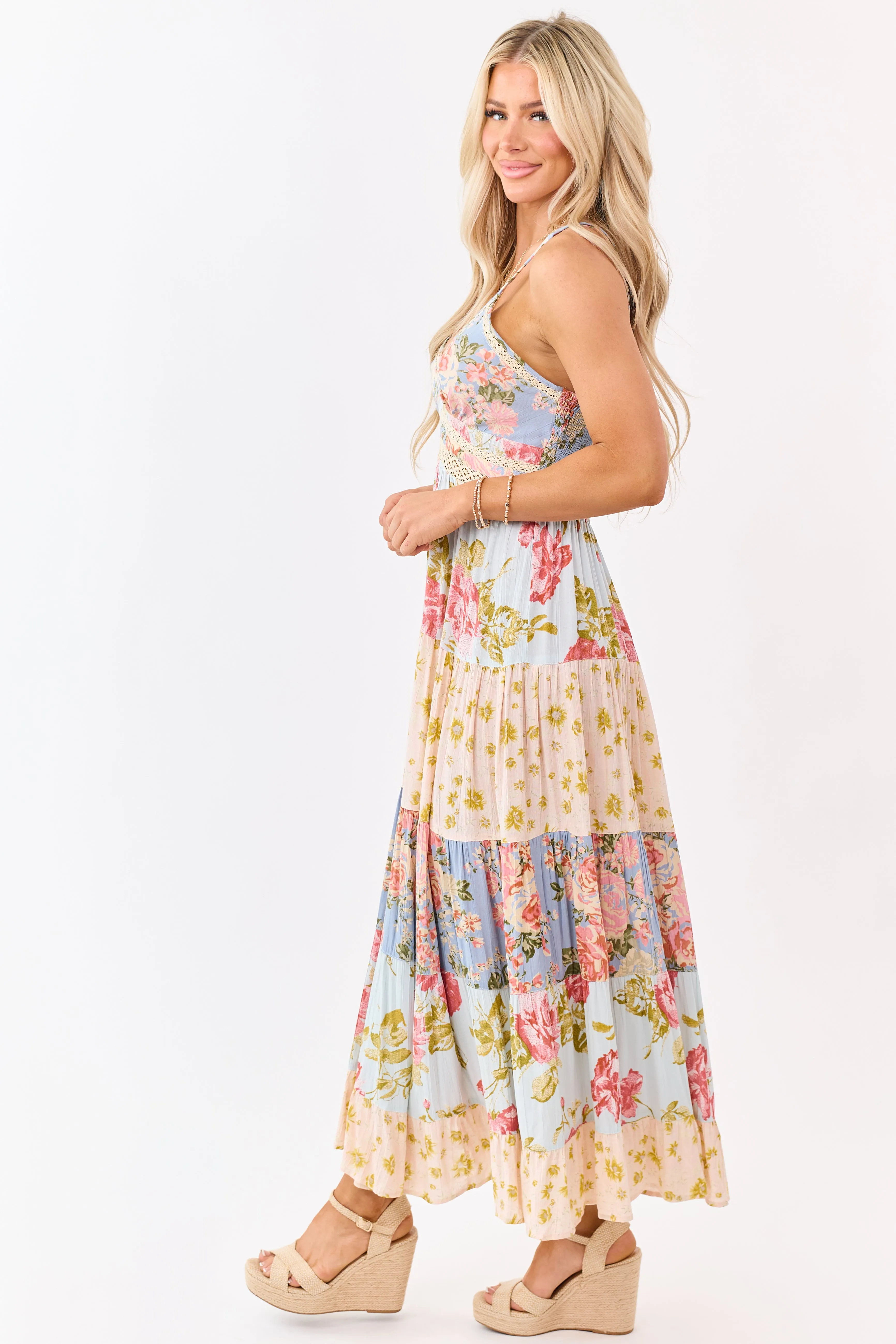 Sky Blue Tiered Mix Print Floral Lace Trim Maxi Dress sold by Lime Lush product image thumbnail 5