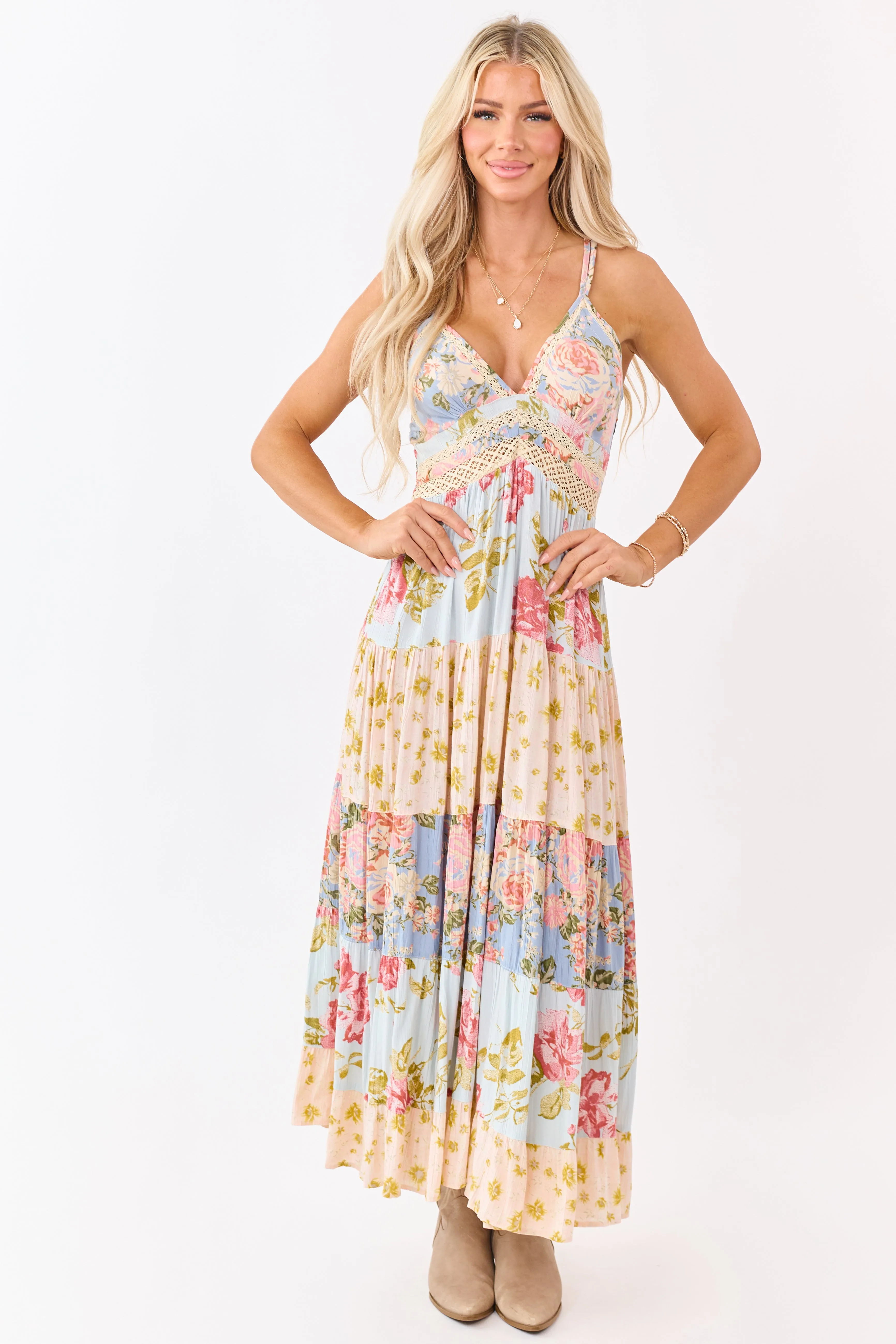 Sky Blue Tiered Mix Print Floral Lace Trim Maxi Dress sold by Lime Lush product image thumbnail 2