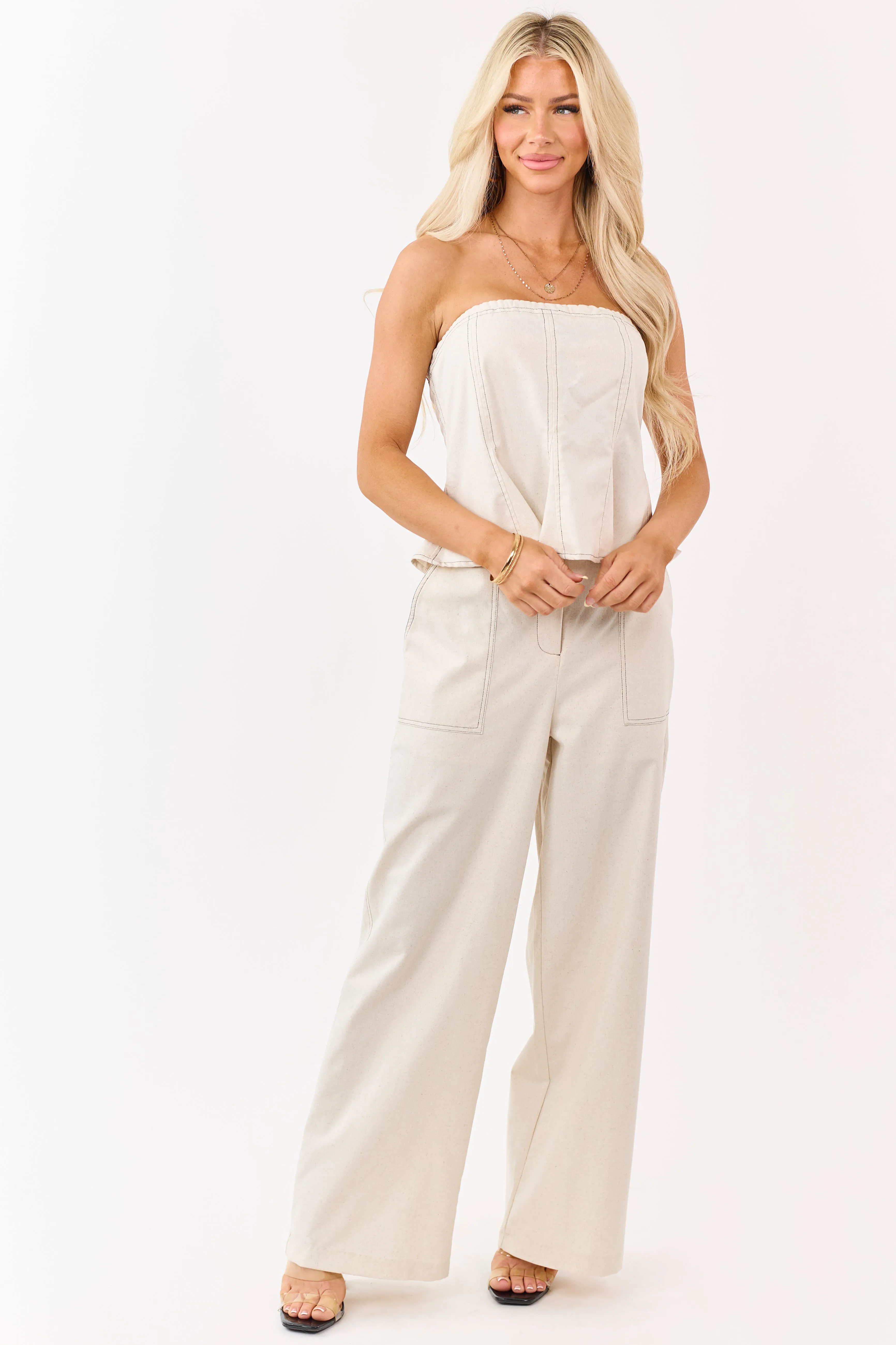 Almond Strapless Linen Blend Peplum Top sold by Lime Lush product image thumbnail 3