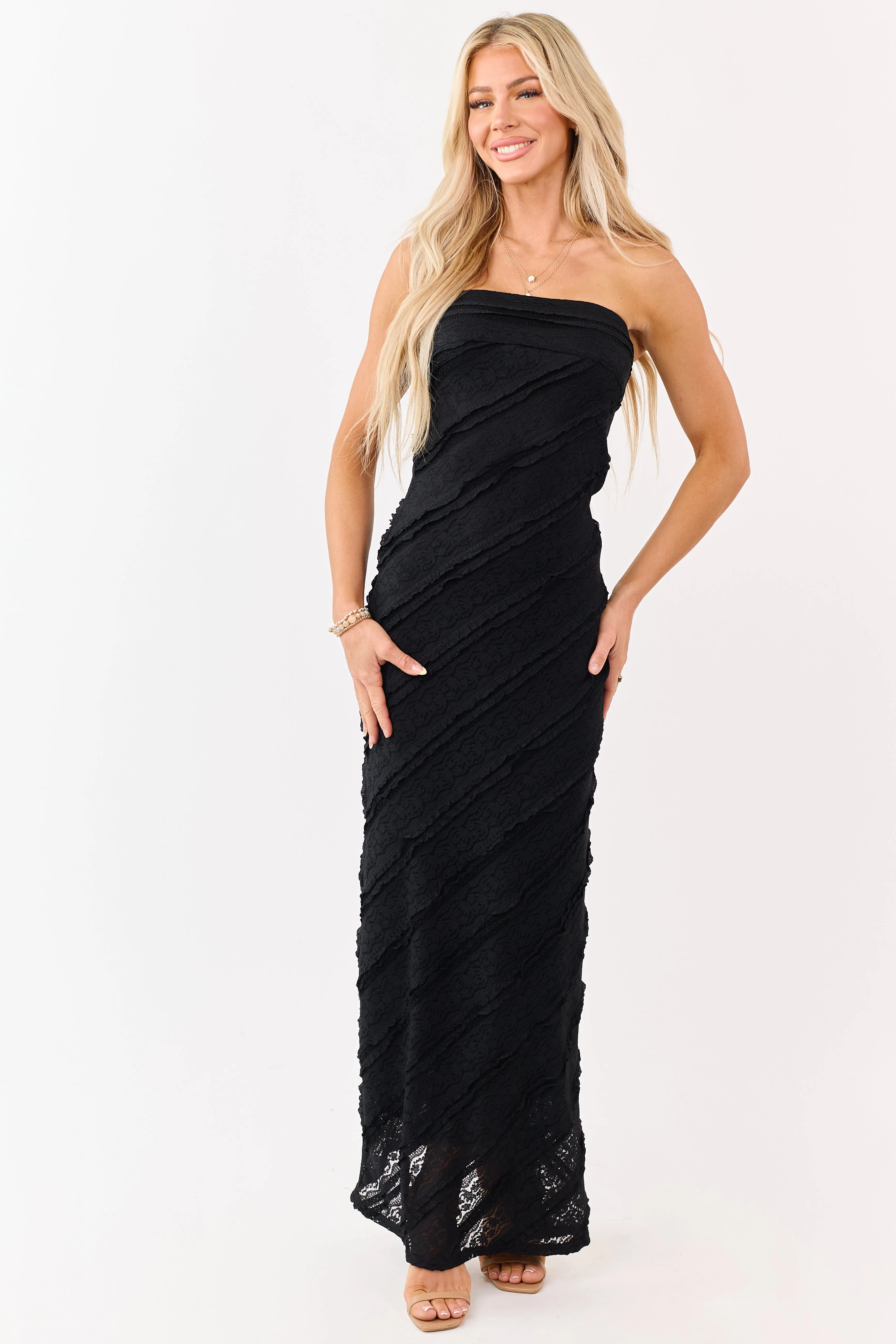 Black Strapless Tiered Ruffle Lace Maxi Dress sold by Lime Lush product image thumbnail 3