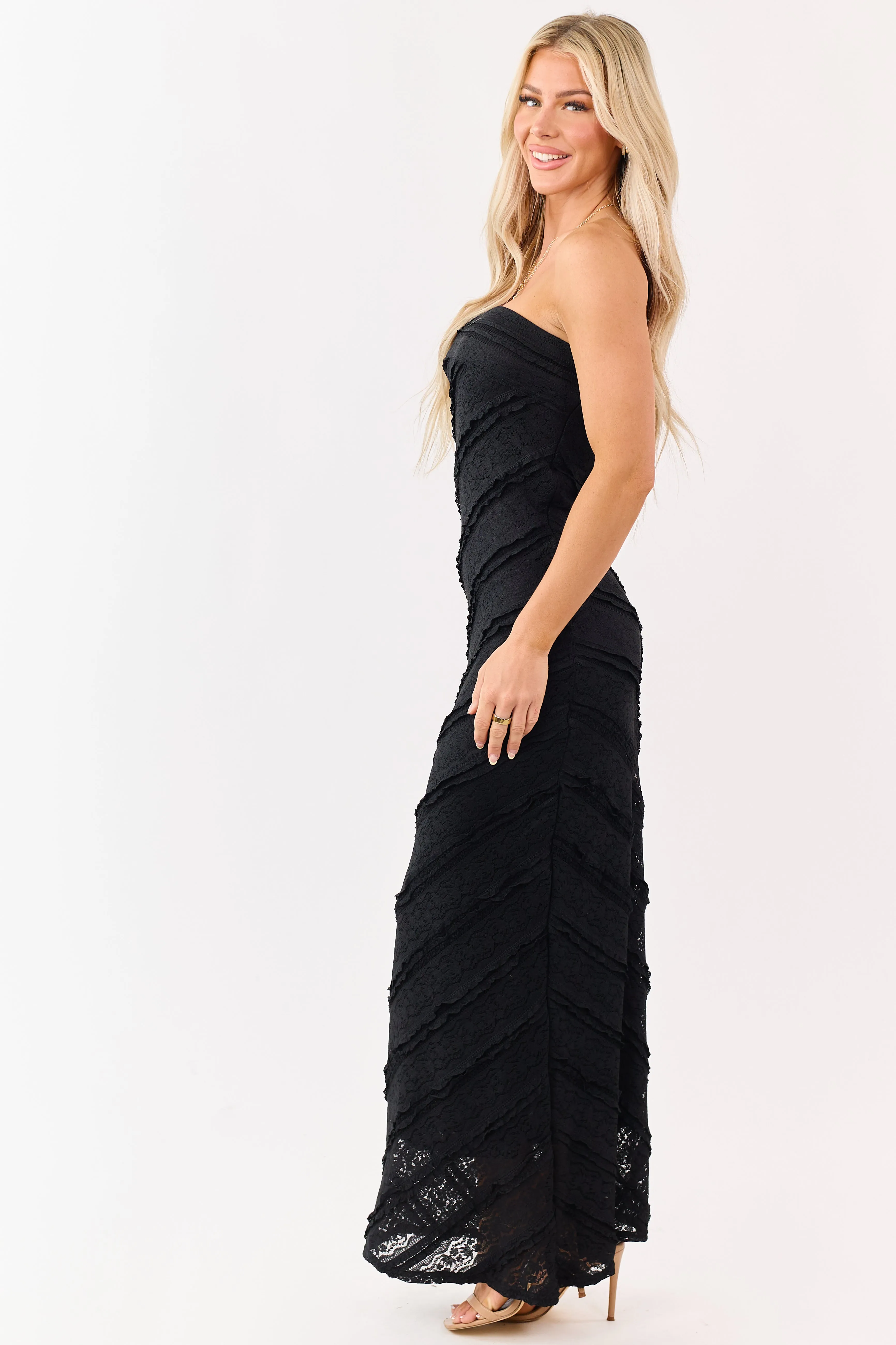 Black Strapless Tiered Ruffle Lace Maxi Dress sold by Lime Lush product image thumbnail 4