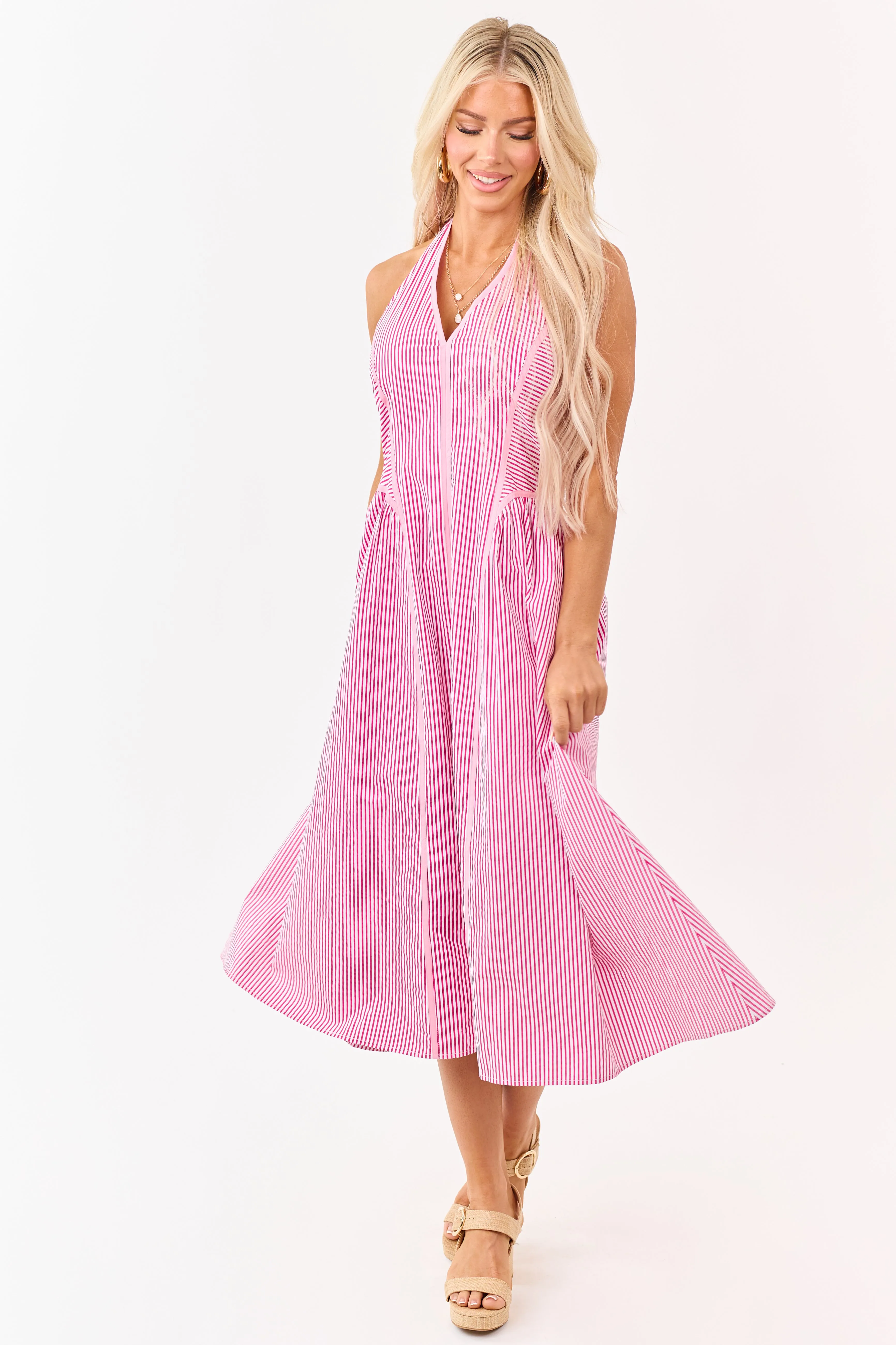 Entro Hot Pink Striped Cotton Halter Midi Dress sold by Lime Lush product image thumbnail 4