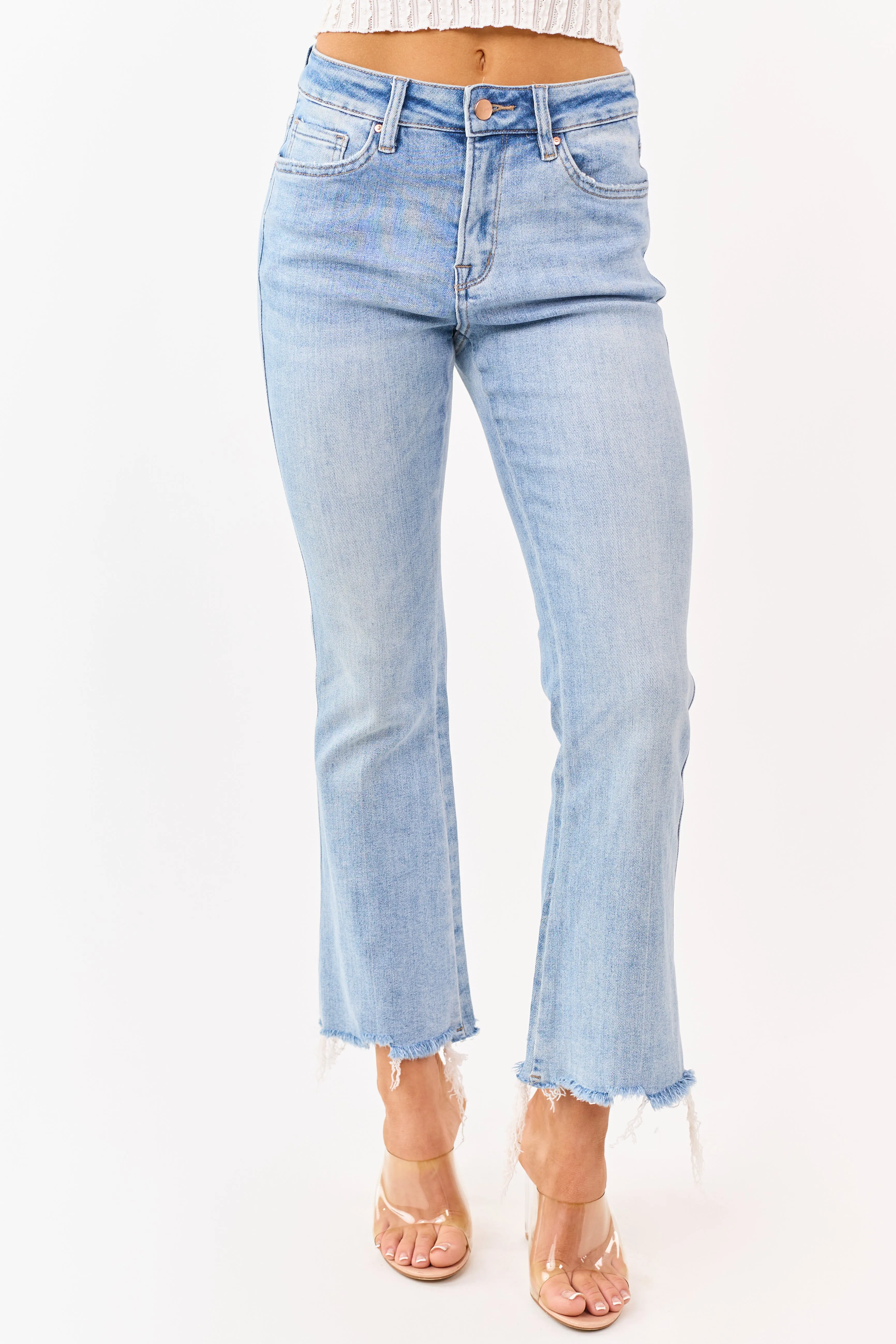 Mica Denim Medium Wash Stretchy Crop Flare Jeans sold by Lime Lush