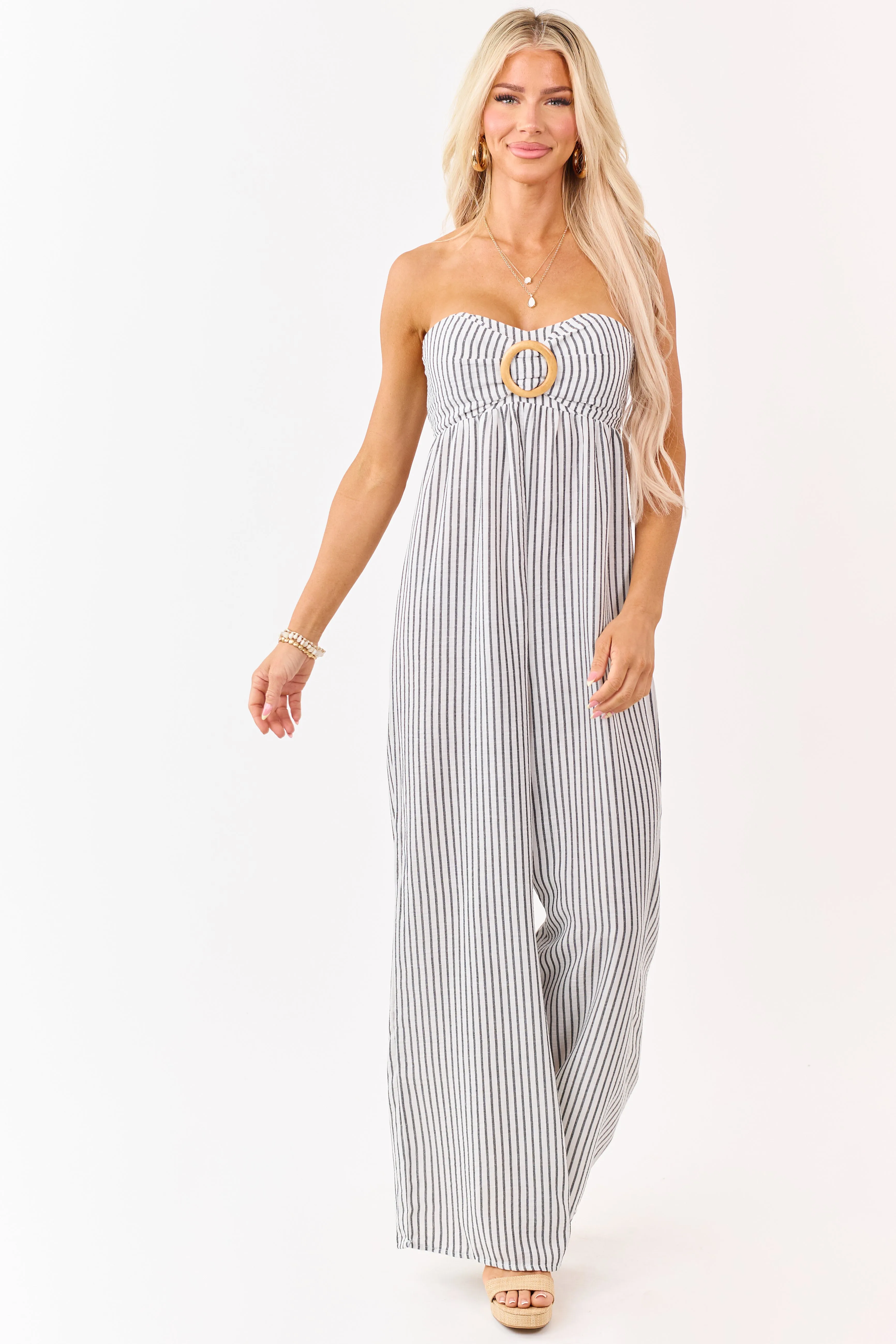 Off White Striped Strapless Wide Leg Jumpsuit sold by Lime Lush product image thumbnail 2