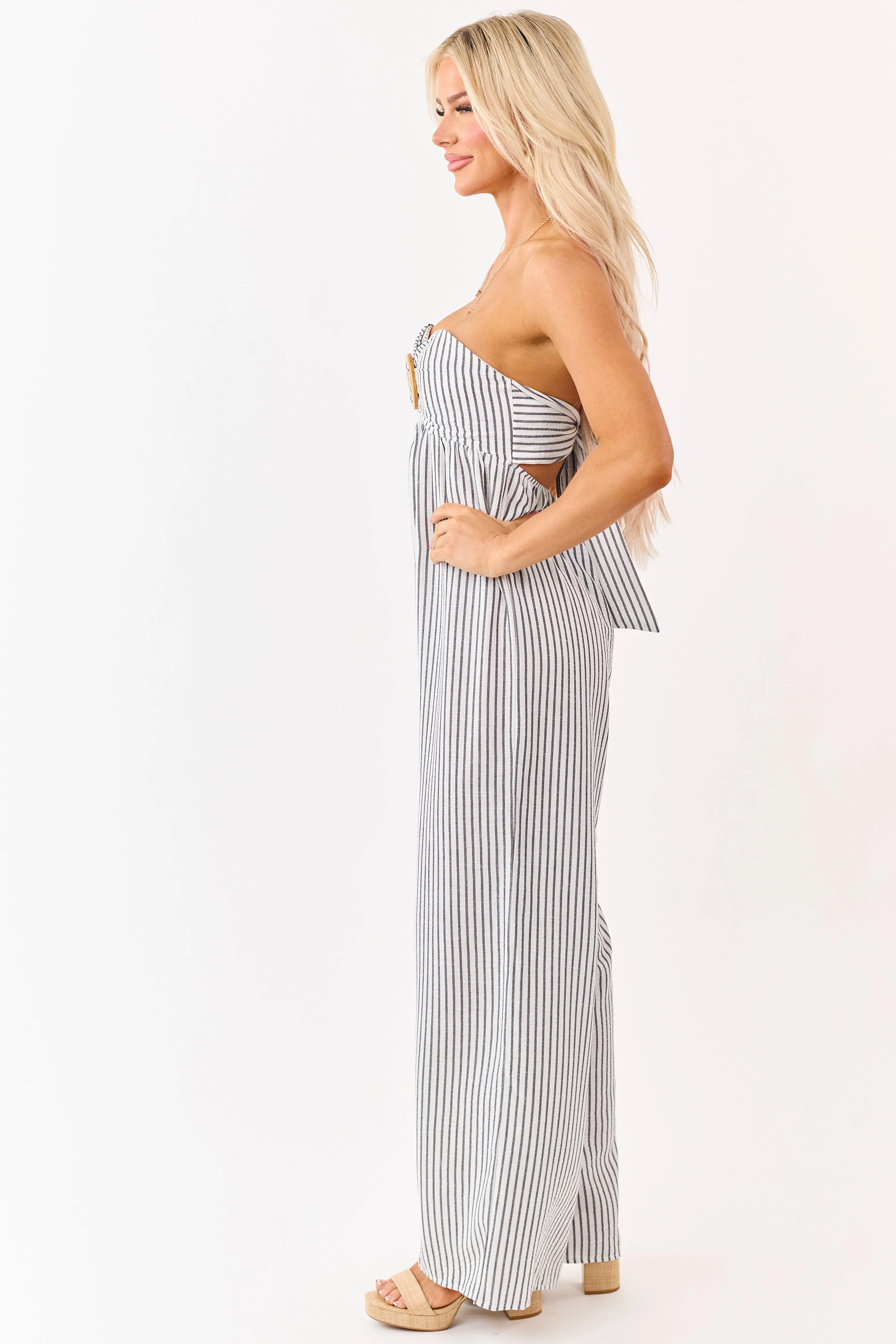 Off White Striped Strapless Wide Leg Jumpsuit sold by Lime Lush product image thumbnail 4