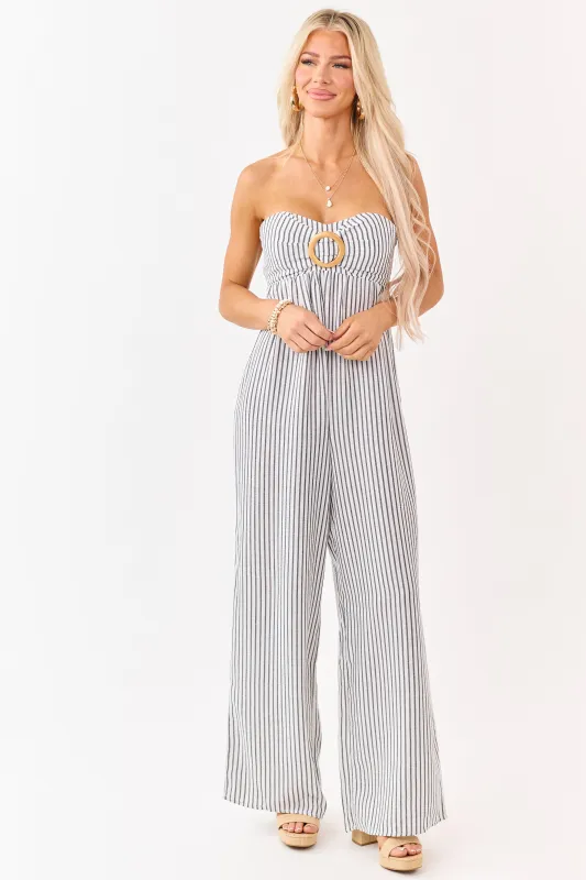 Off White Striped Strapless Wide Leg Jumpsuit made by Timing