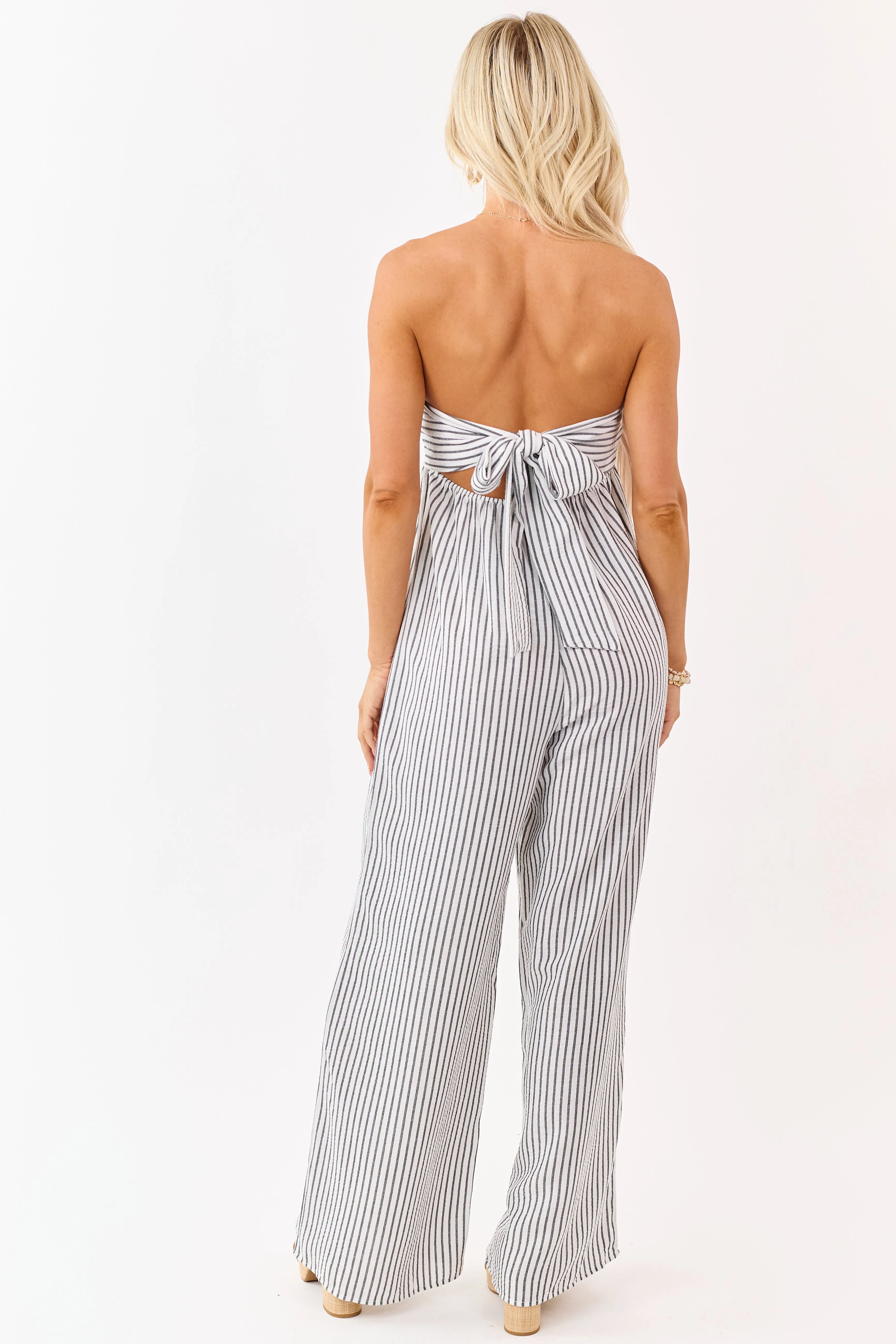 Off White Striped Strapless Wide Leg Jumpsuit sold by Lime Lush product image thumbnail 5