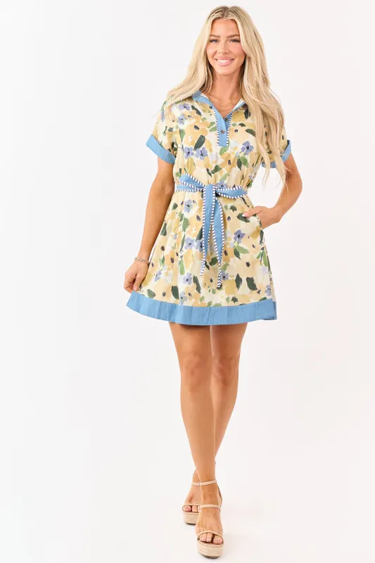Mustard Watercolor Floral Cotton Waist Tie Mini Dress made by Umgee