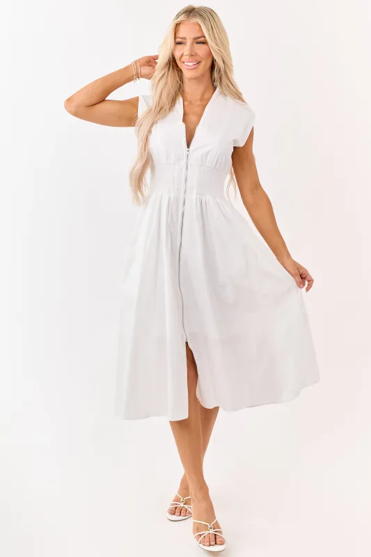 She+Sky Off White Zip Up Smocked Cotton Midi Dress made by She and Sky