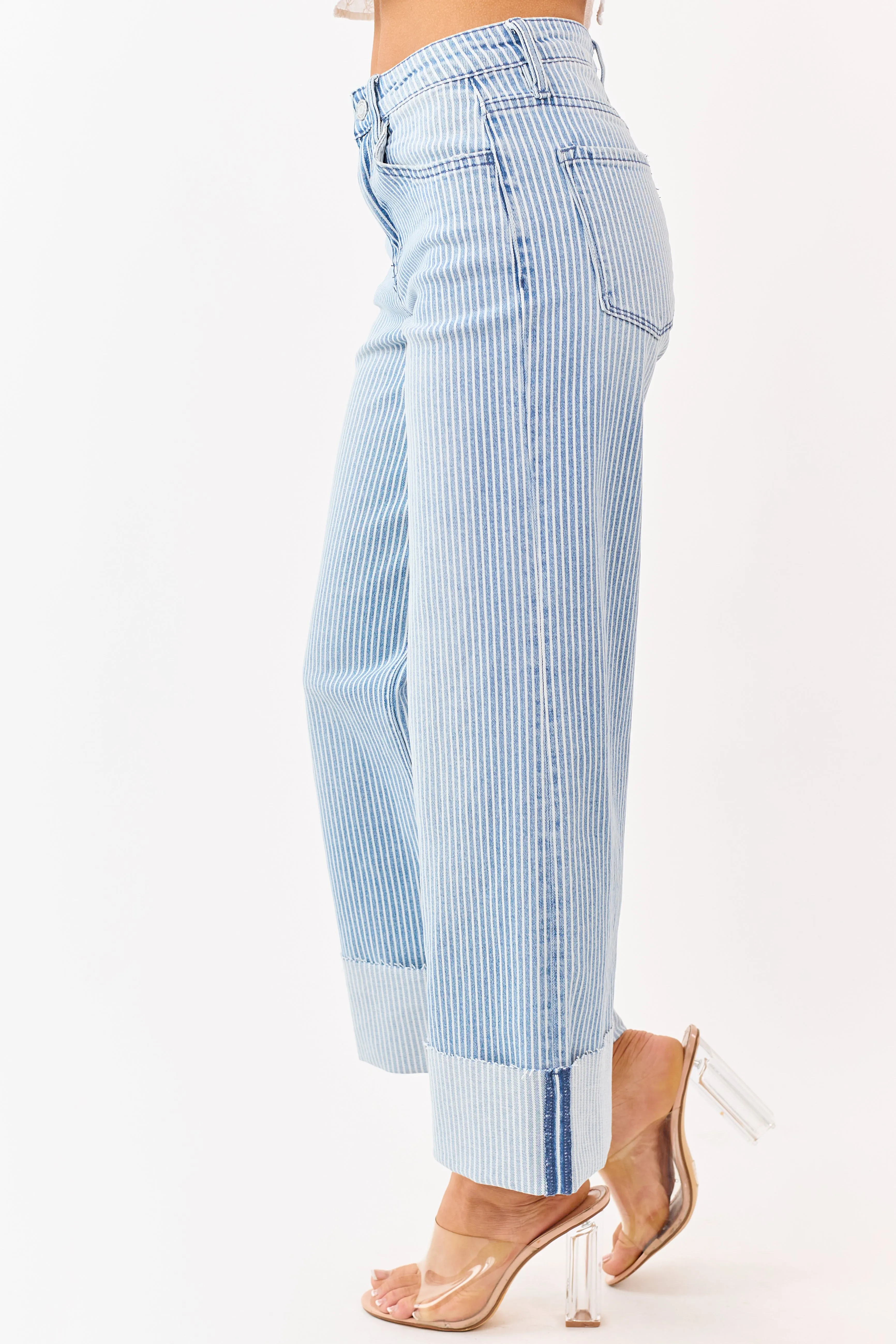 Vervet Light Wash Striped Cuffed Wide Stretch Jeans sold by Lime Lush product image thumbnail 3