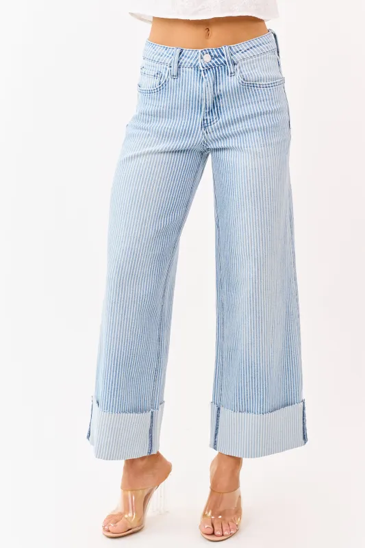 Vervet Light Wash Striped Cuffed Wide Stretch Jeans made by Vervet