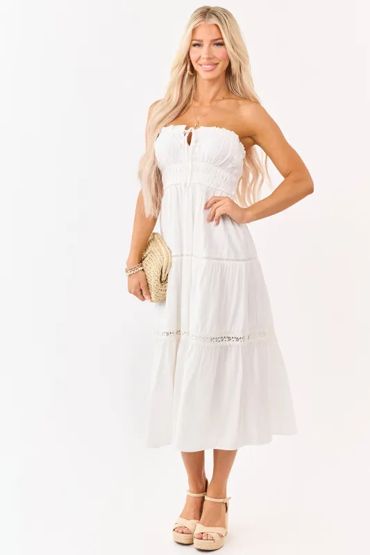 Ivory Strapless Tiered Lace Shirred Waist Midi Dress made by Blu Pepper