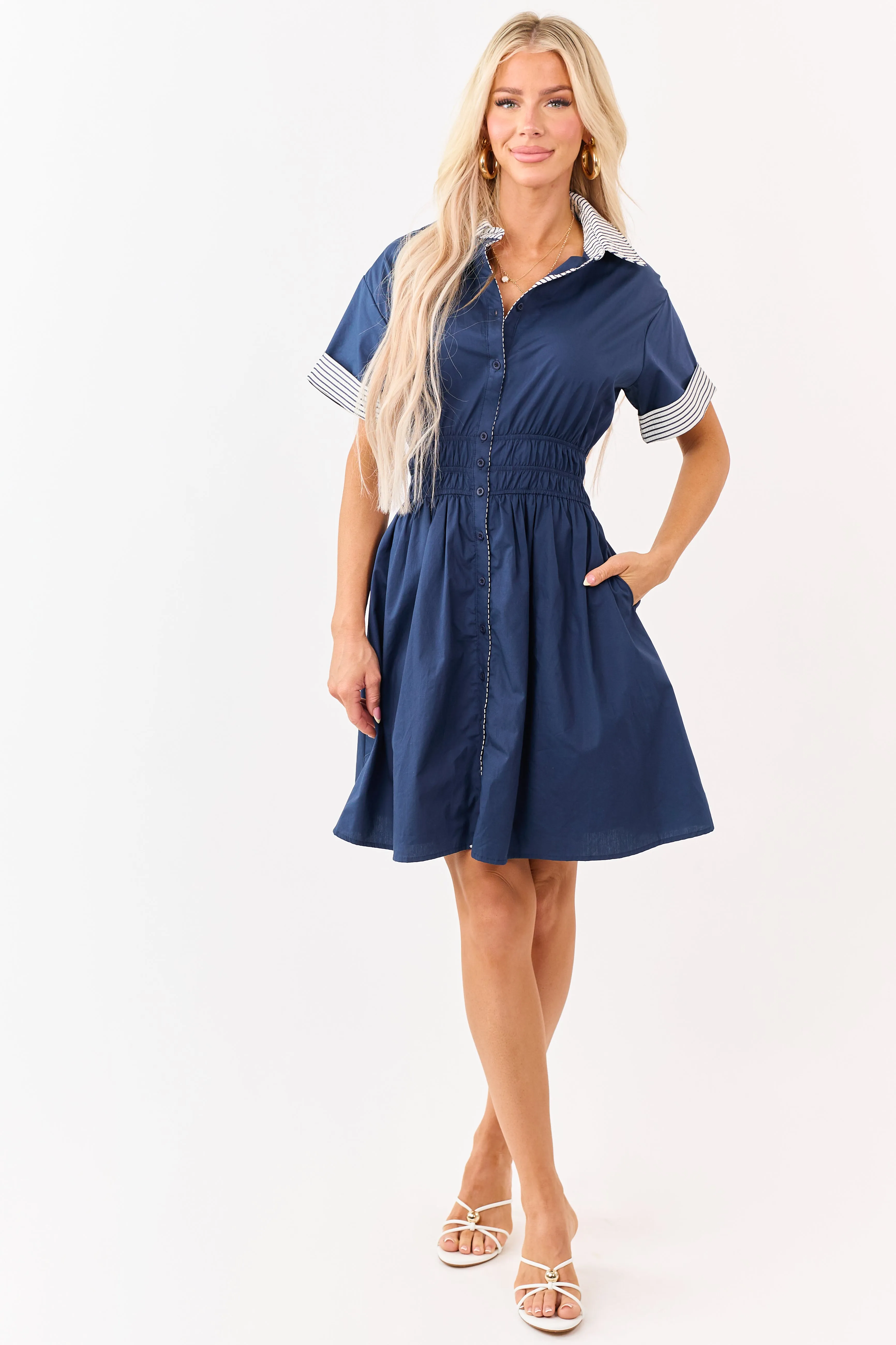 She+Sky Navy Button Down Cotton Mini Dress sold by Lime Lush product image thumbnail 3