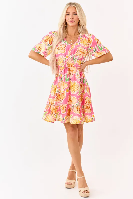 She+Sky Fuchsia Floral Print V Neck Mini Dress made by She and Sky