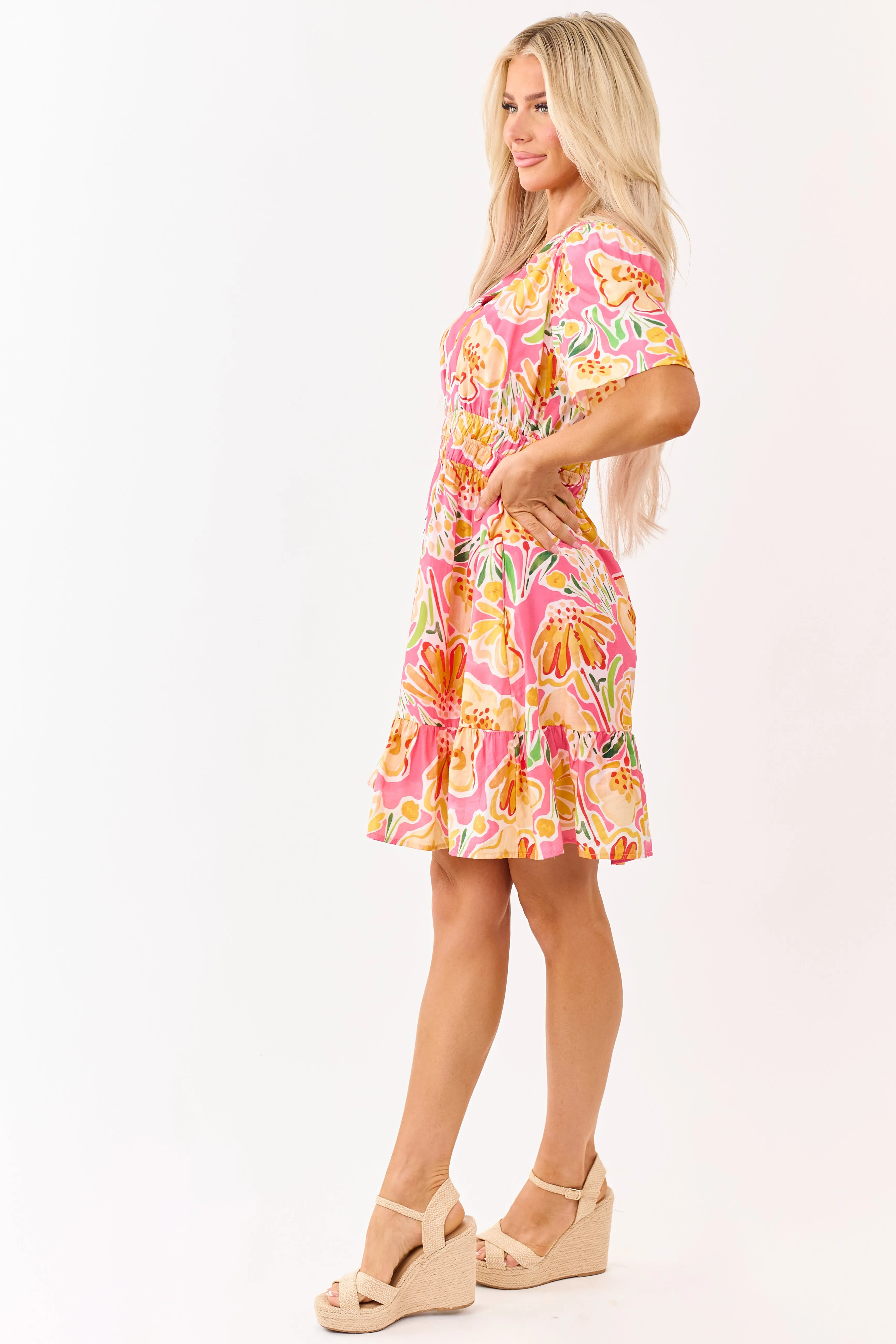 She+Sky Fuchsia Floral Print V Neck Mini Dress sold by Lime Lush product image thumbnail 4