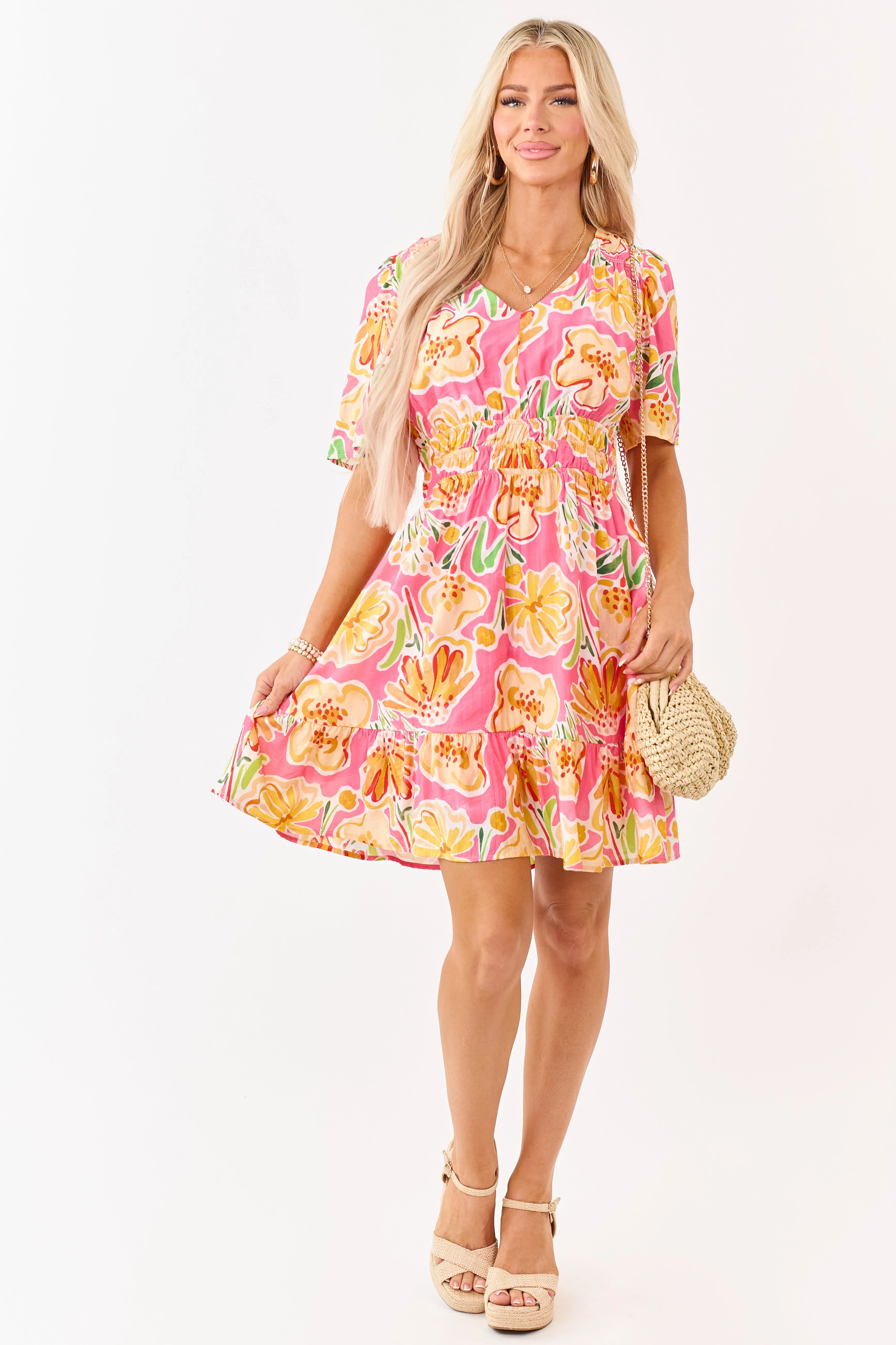 She+Sky Fuchsia Floral Print V Neck Mini Dress sold by Lime Lush product image thumbnail 2