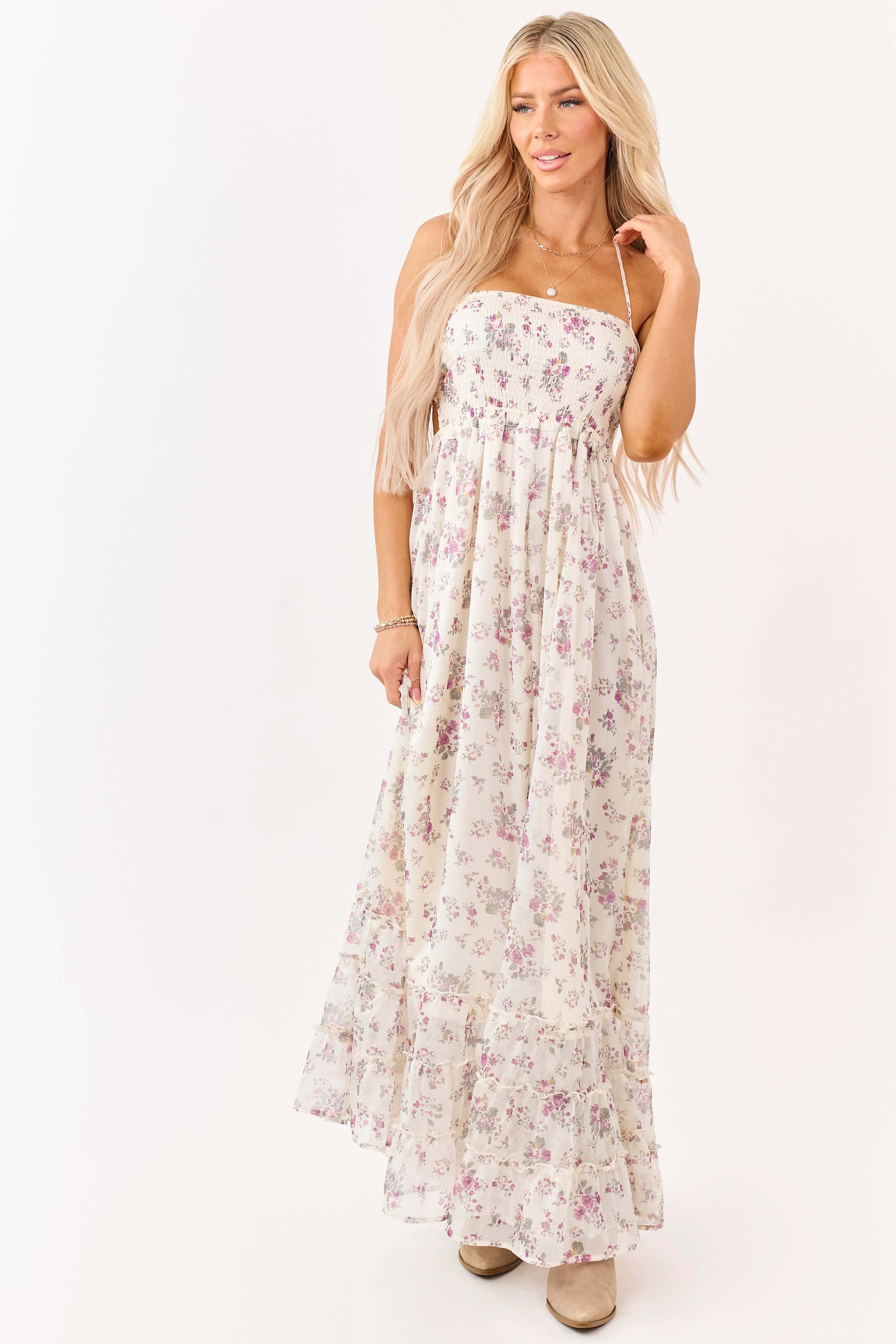 Cream Floral Print Backless Halter Neck Maxi Dress sold by Lime Lush product image thumbnail 3
