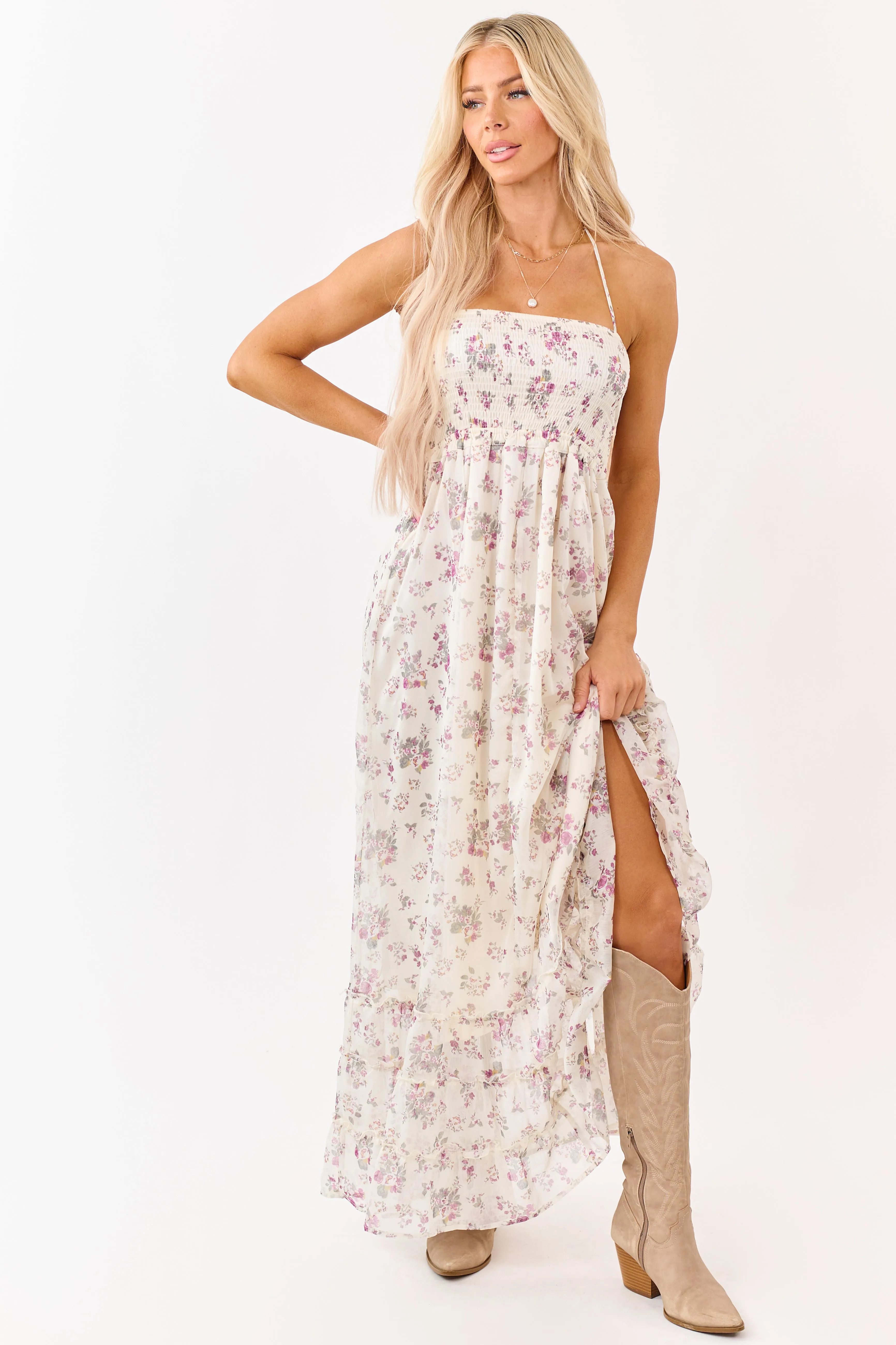 Cream Floral Print Backless Halter Neck Maxi Dress sold by Lime Lush product image thumbnail 2