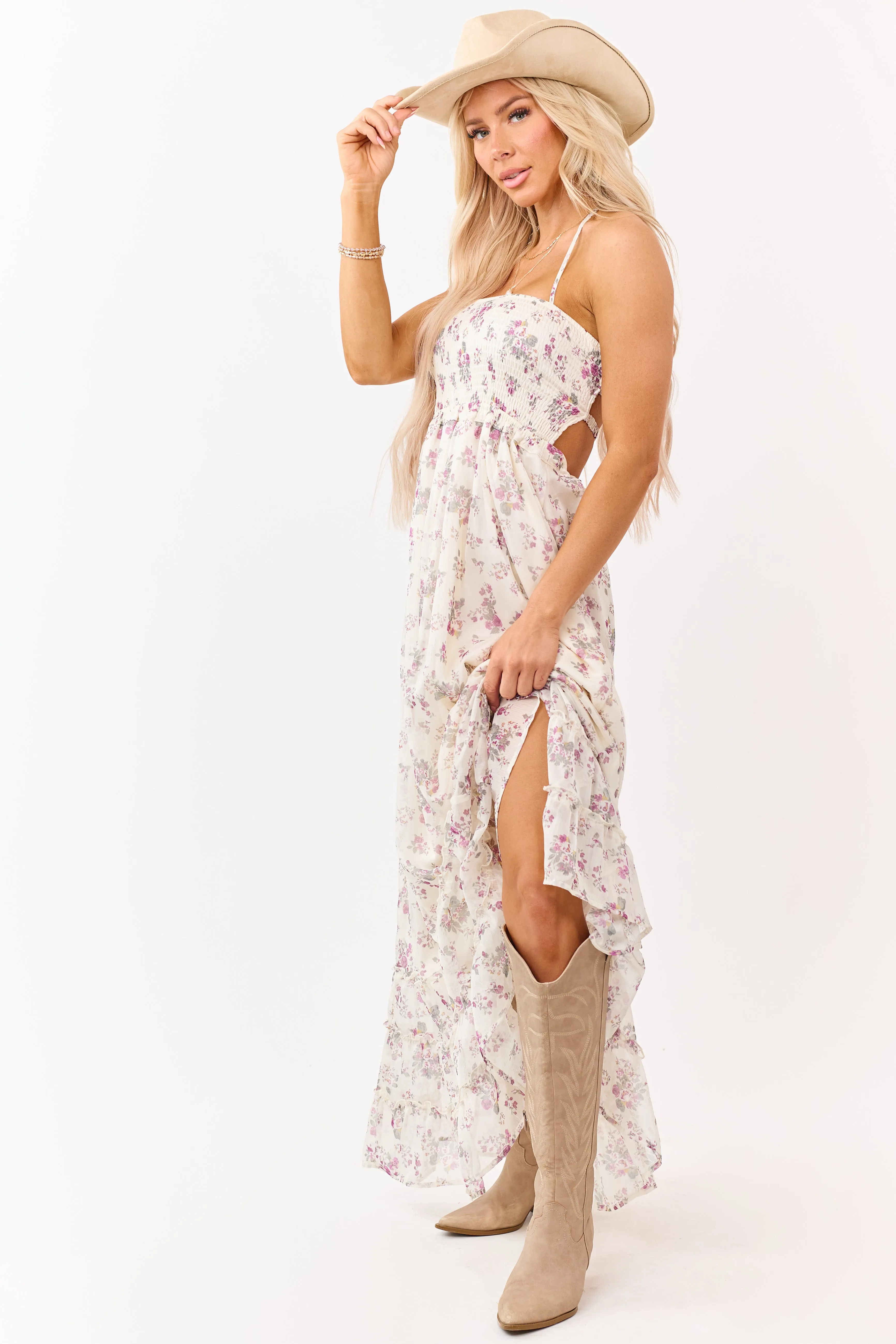 Cream Floral Print Backless Halter Neck Maxi Dress sold by Lime Lush product image thumbnail 5