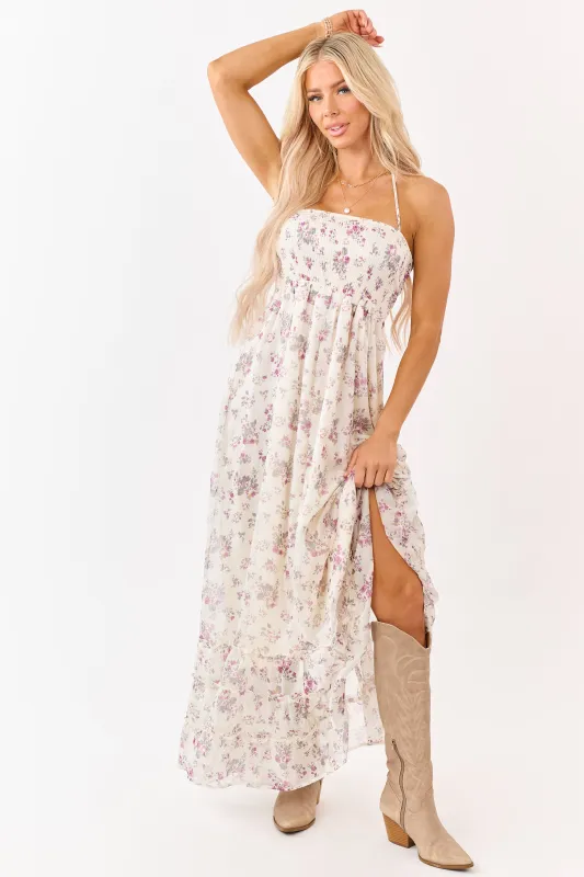 Cream Floral Print Backless Halter Neck Maxi Dress made by HYFVE