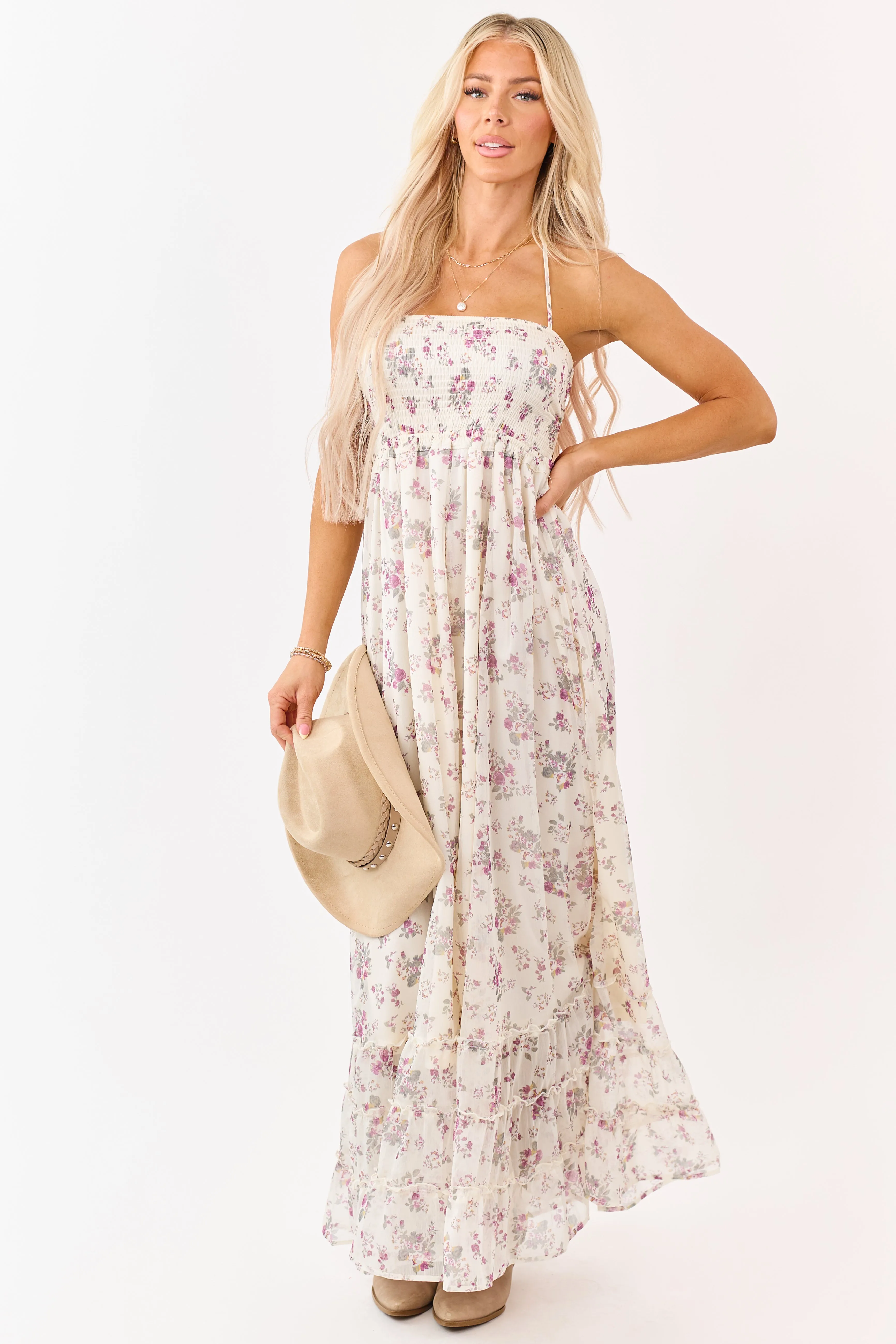 Cream Floral Print Backless Halter Neck Maxi Dress sold by Lime Lush product image thumbnail 4