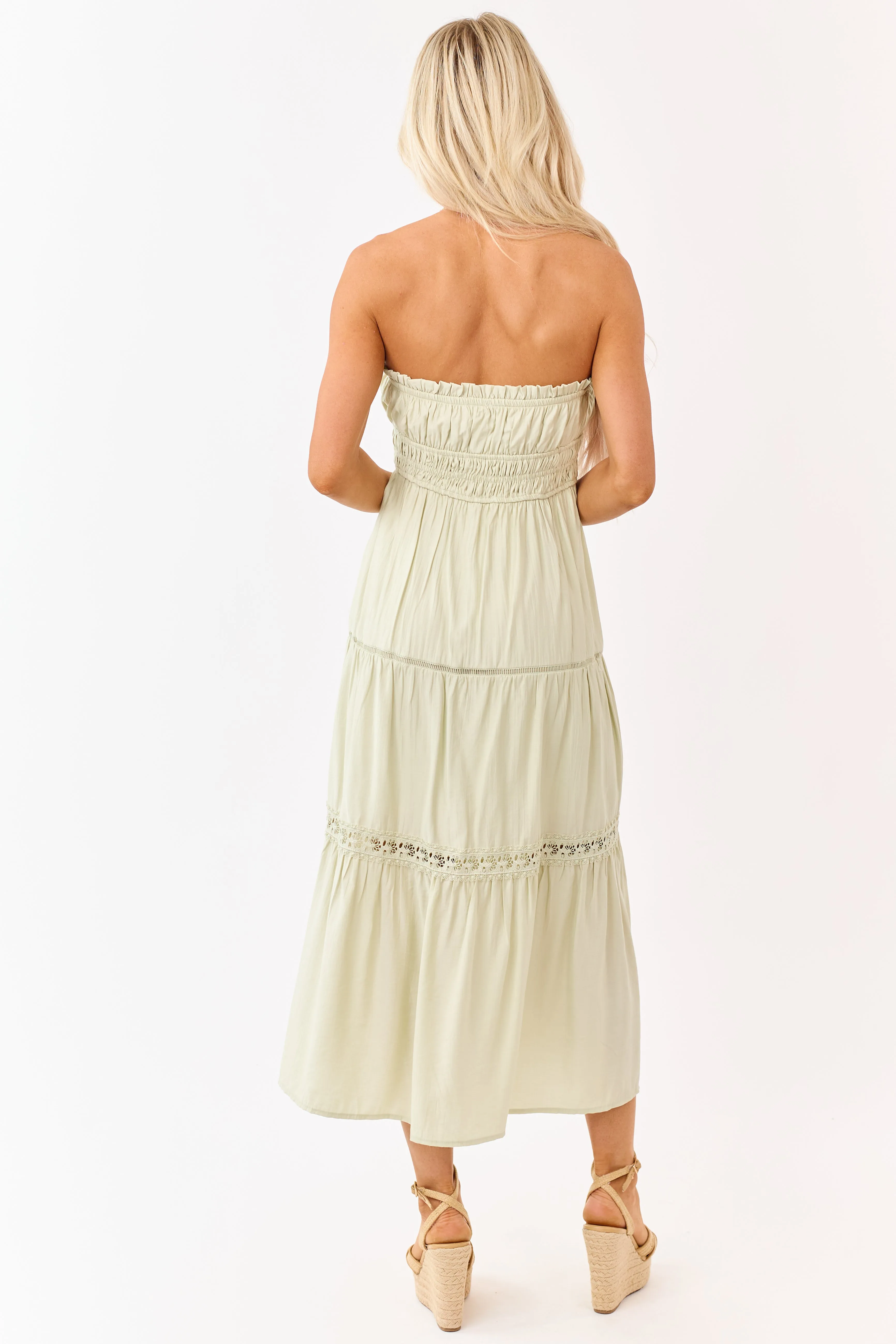 Sage Strapless Tiered Lace Shirred Waist Midi Dress sold by Lime Lush product image thumbnail 5