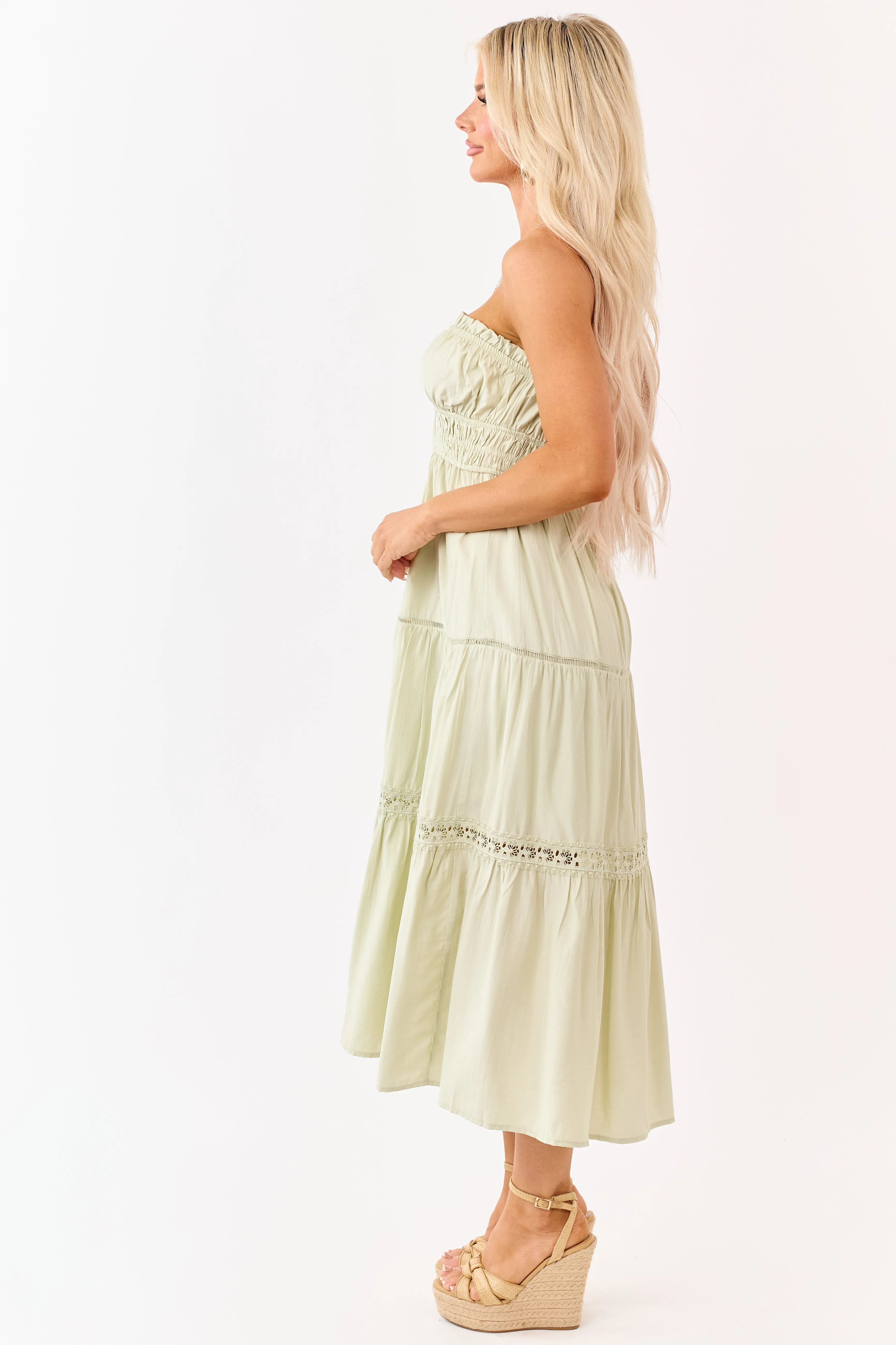 Sage Strapless Tiered Lace Shirred Waist Midi Dress sold by Lime Lush product image thumbnail 4