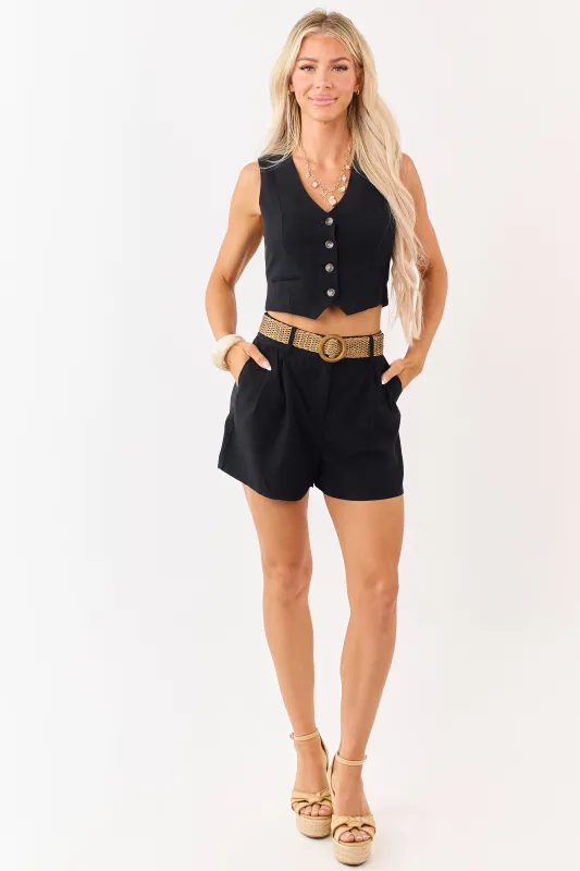 Black Elastic Waist Shorts with Woven Belt made by ANWND