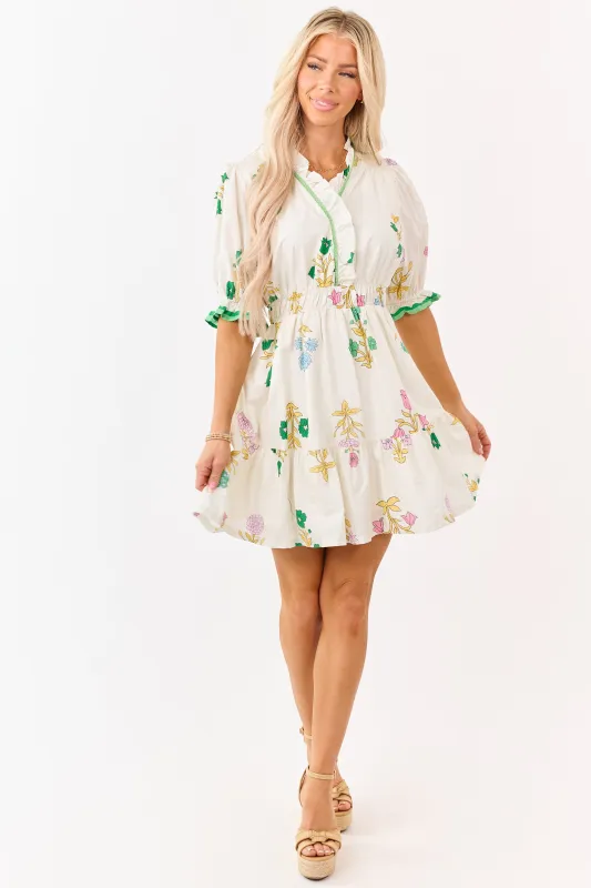 Cream Floral Print Puff Sleeve Cotton Mini Dress made by Umgee