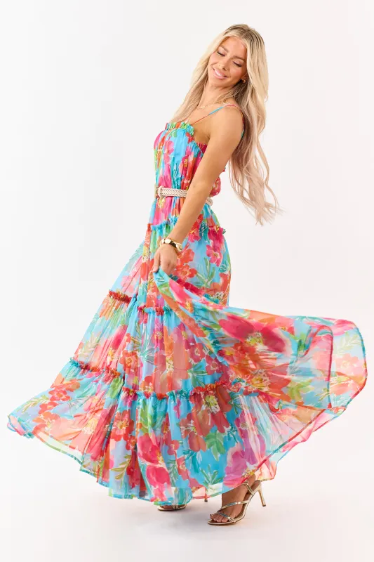 Flying Tomato Azure Floral Print Chiffon Maxi Dress made by Flying Tomato