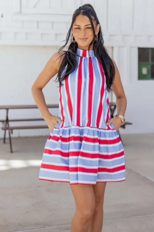 Entro Powder Blue Cotton Striped Mini Dress made by entro
