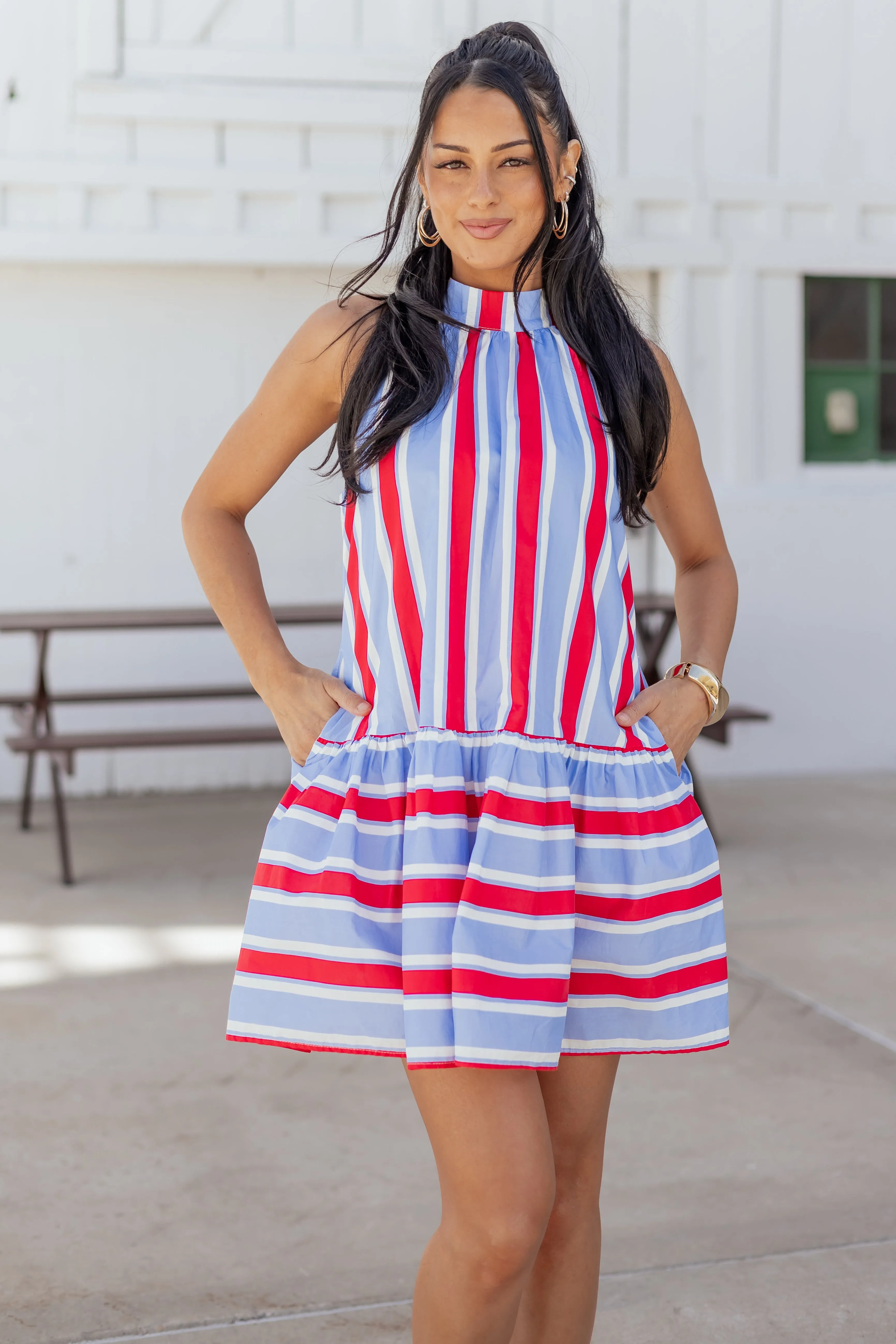 Entro Powder Blue Cotton Striped Mini Dress sold by Lime Lush
