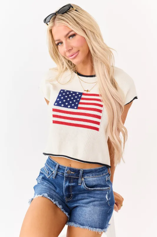 Cream American Flag Graphic Short Sleeve Boxy Tee made by HYFVE
