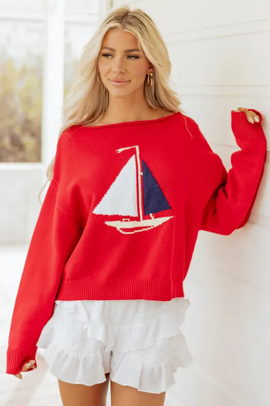 Ruby Sailboat Graphic Boatneck Sweater made by Le Lis