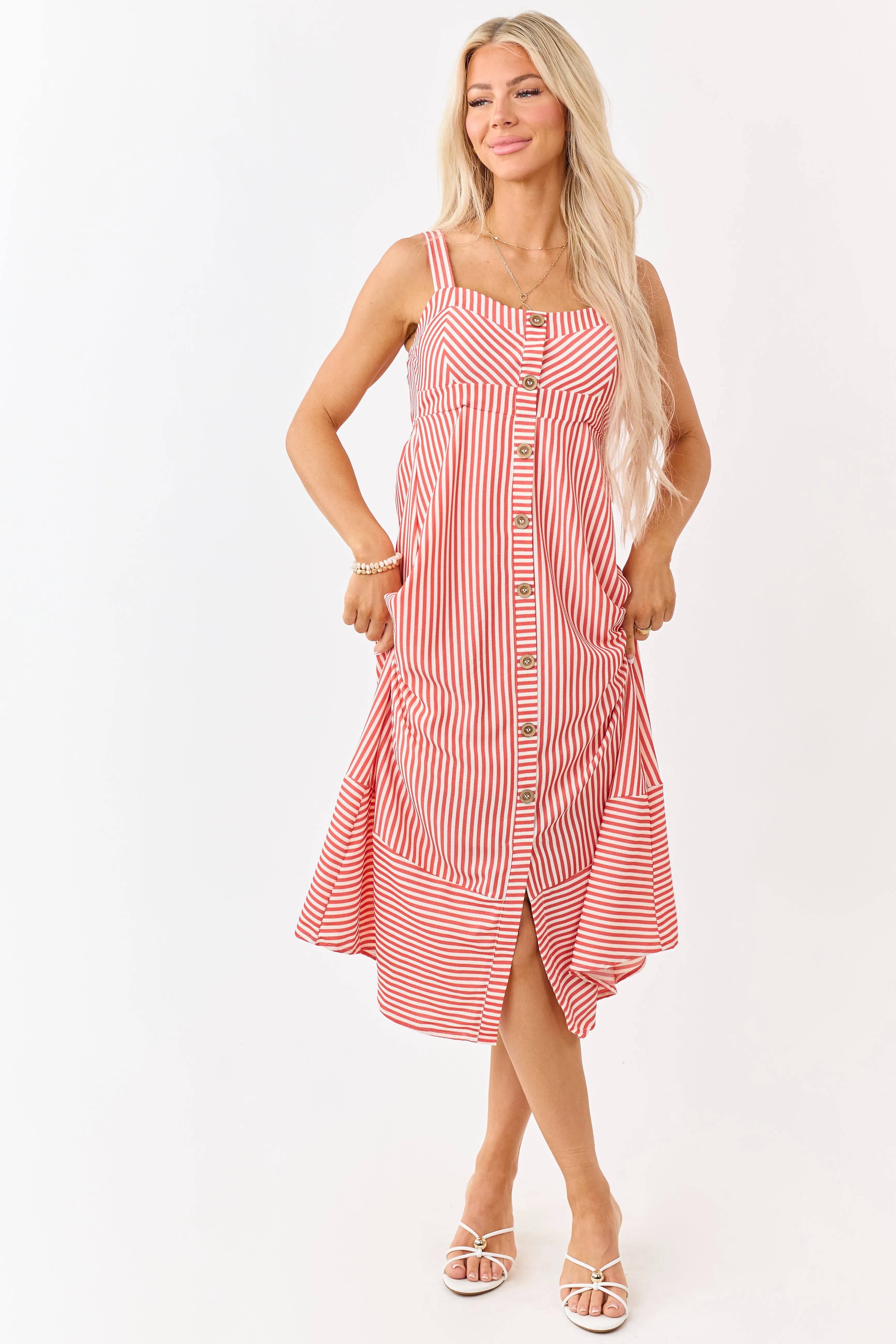 Crimson and Cream Striped Button Detail Midi Dress sold by Lime Lush product image thumbnail 2
