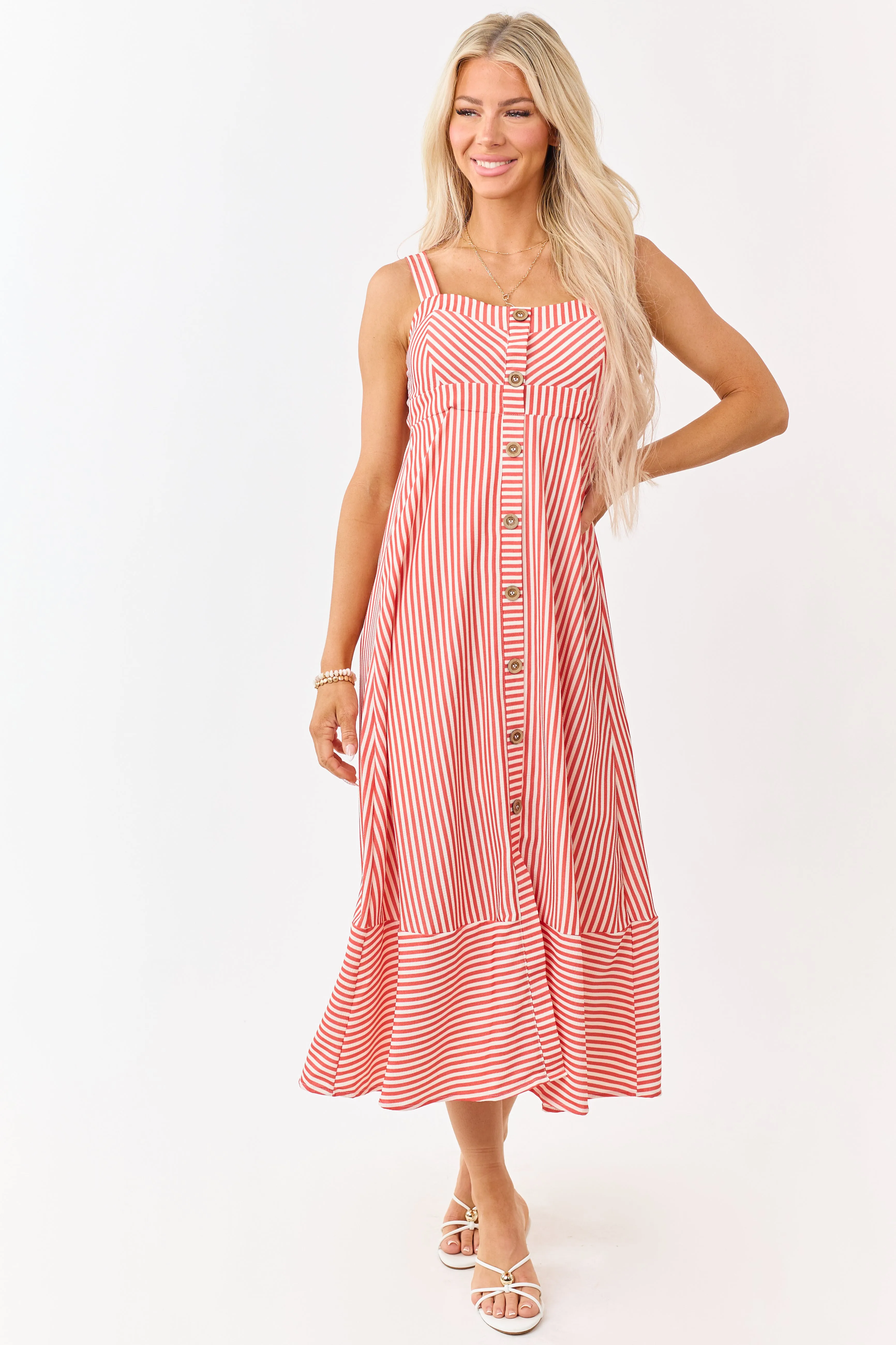Crimson and Cream Striped Button Detail Midi Dress sold by Lime Lush