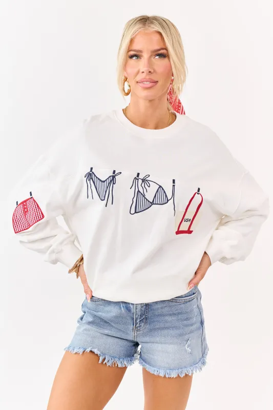 White Embroidered Swim Suit Graphic Cotton Sweatshirt made by Le Lis