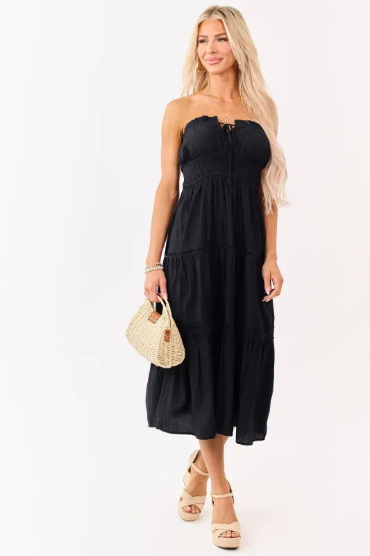 Black Strapless Tiered Lace Shirred Waist Midi Dress made by Blu Pepper