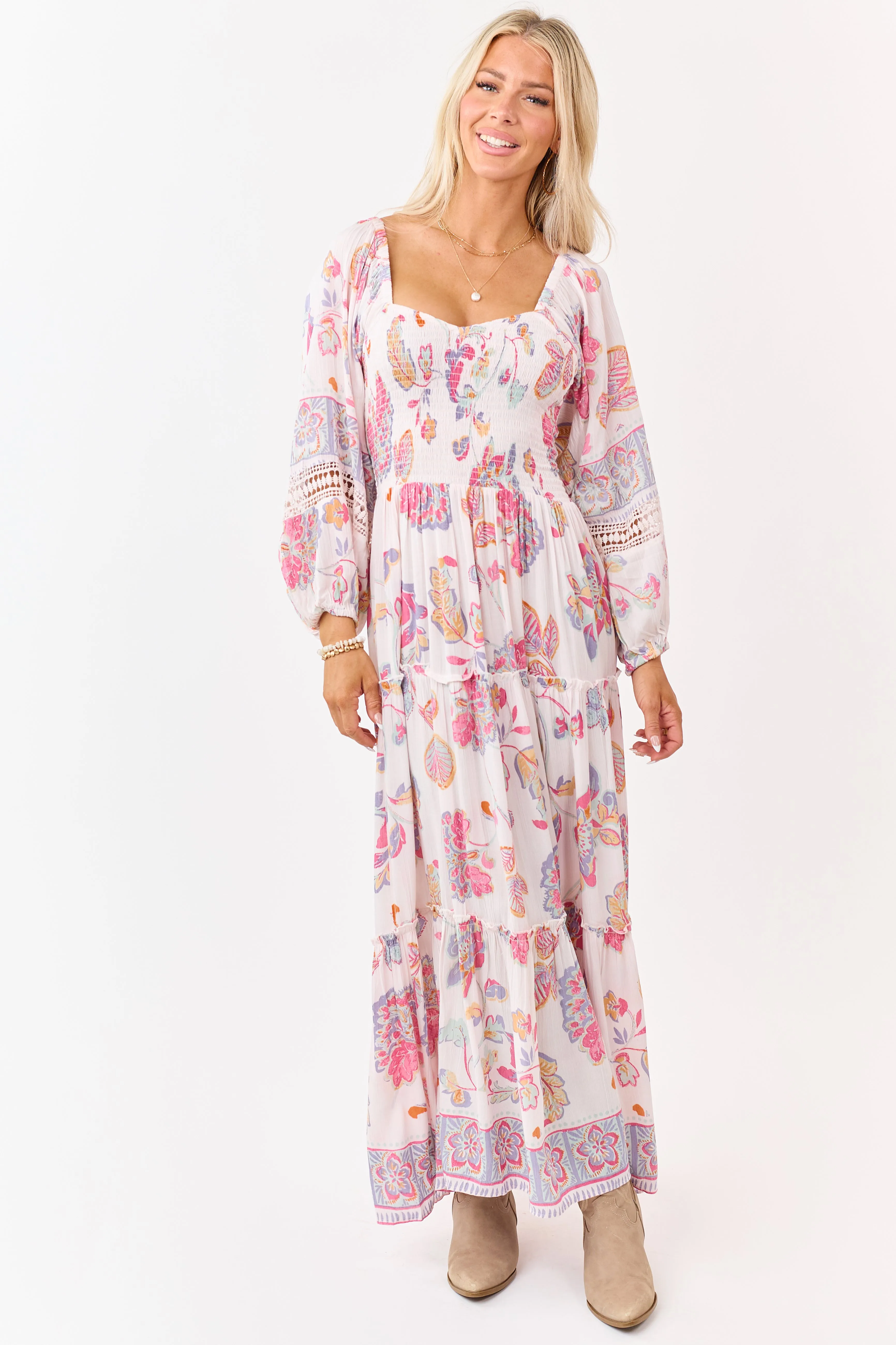 Blush Floral Print Long Sleeve Tiered Maxi Dress sold by Lime Lush product image thumbnail 4