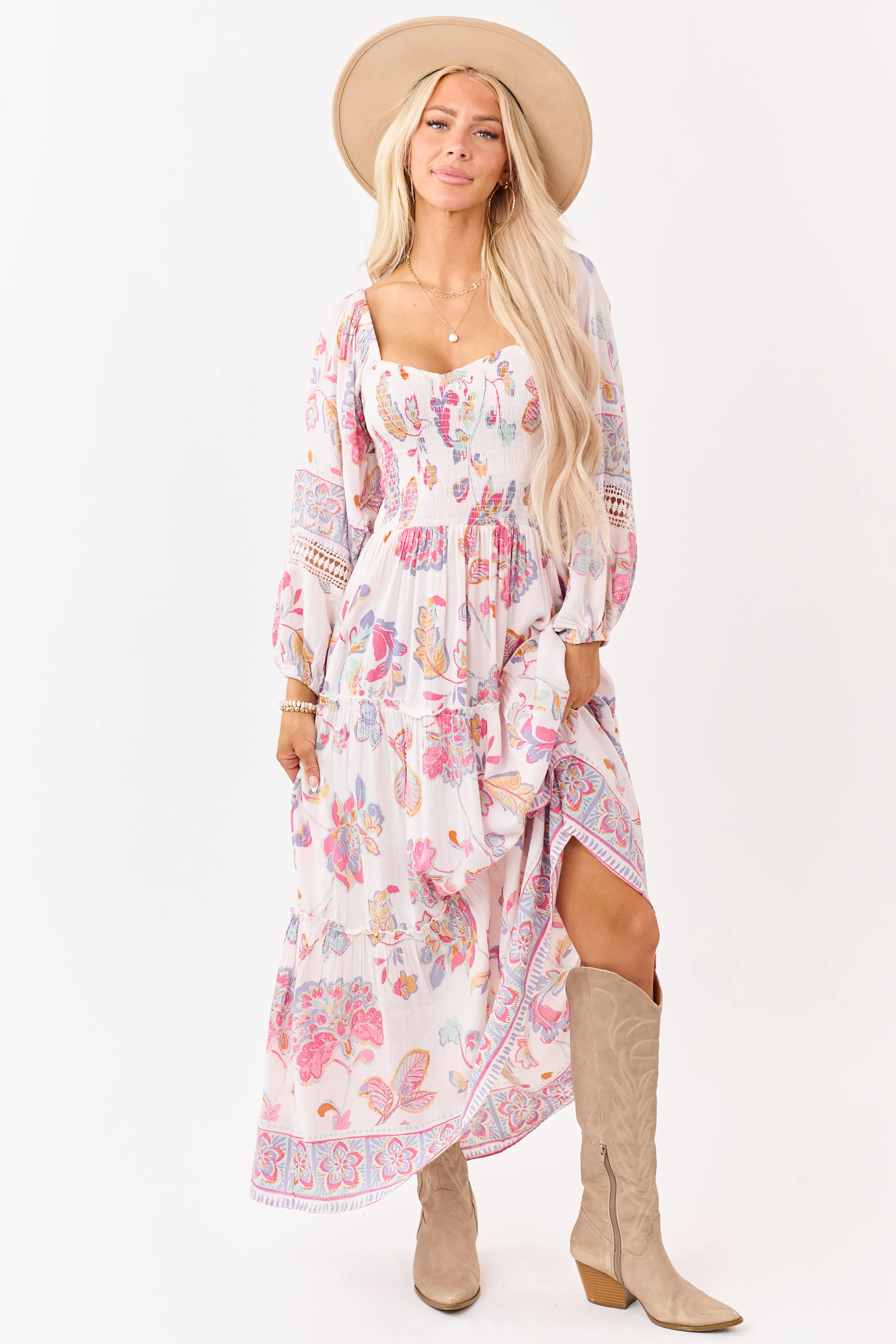 Blush Floral Print Long Sleeve Tiered Maxi Dress sold by Lime Lush