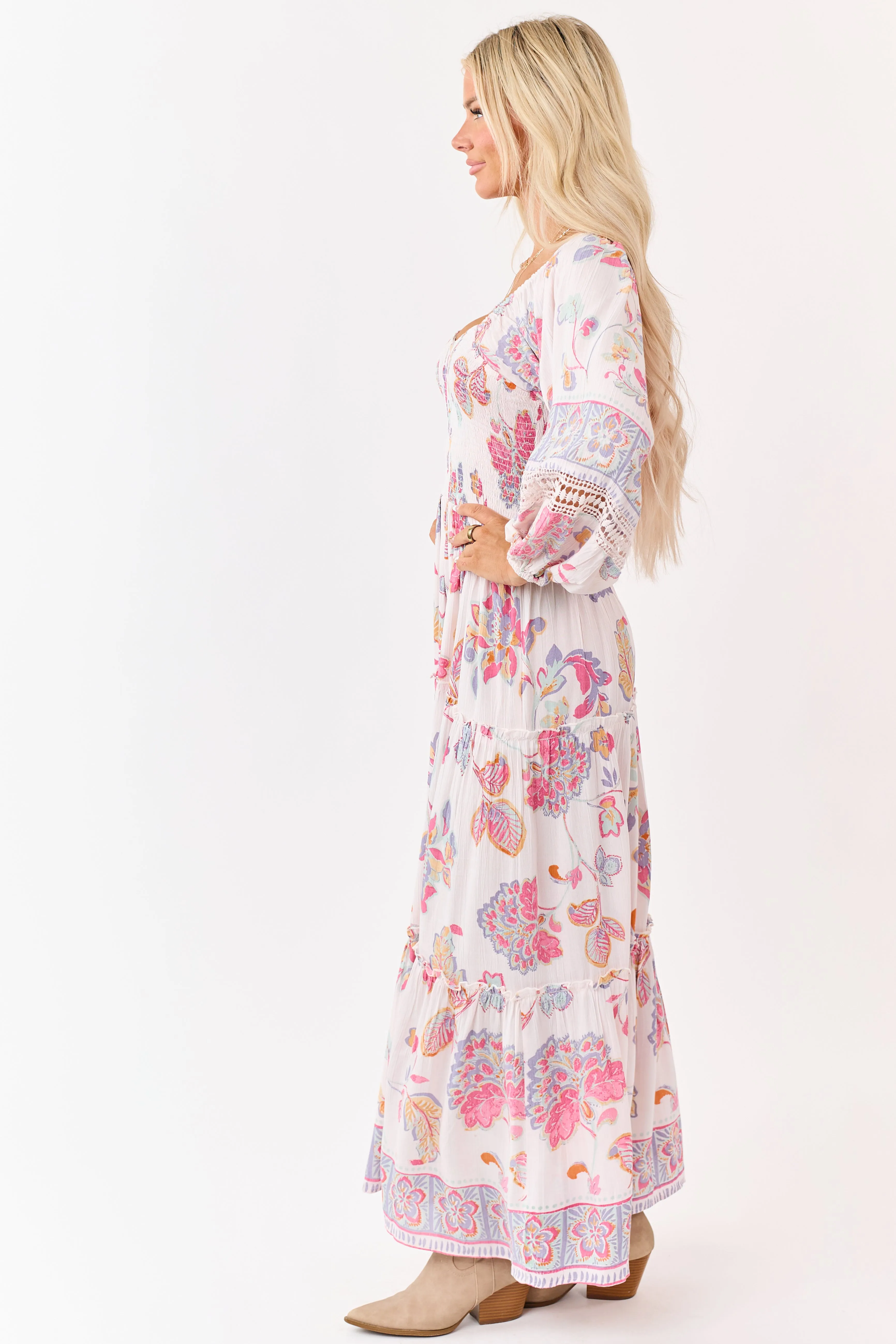 Blush Floral Print Long Sleeve Tiered Maxi Dress sold by Lime Lush product image thumbnail 5